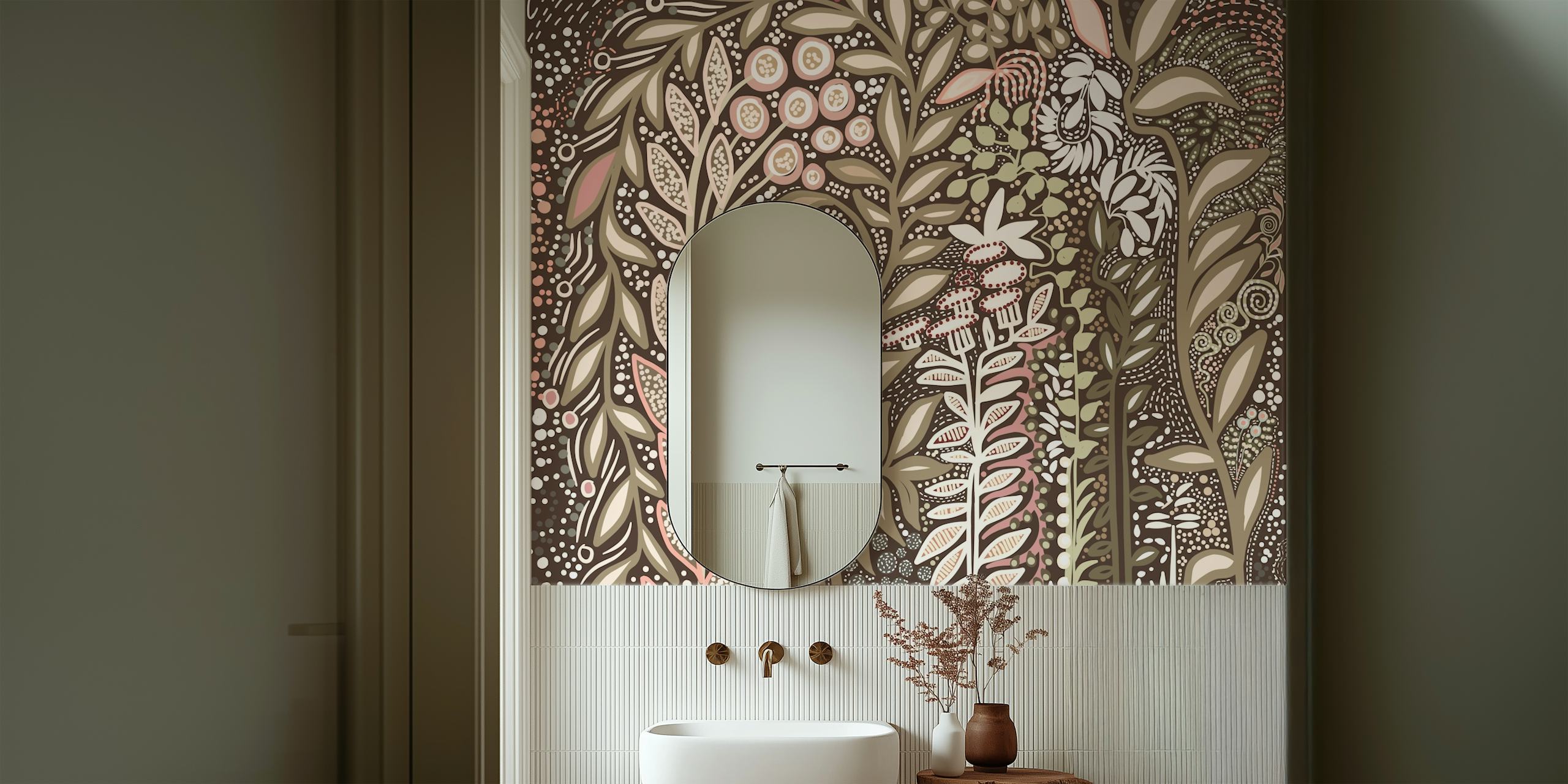 Floral patterns in earthy tones on brown background wallpaper