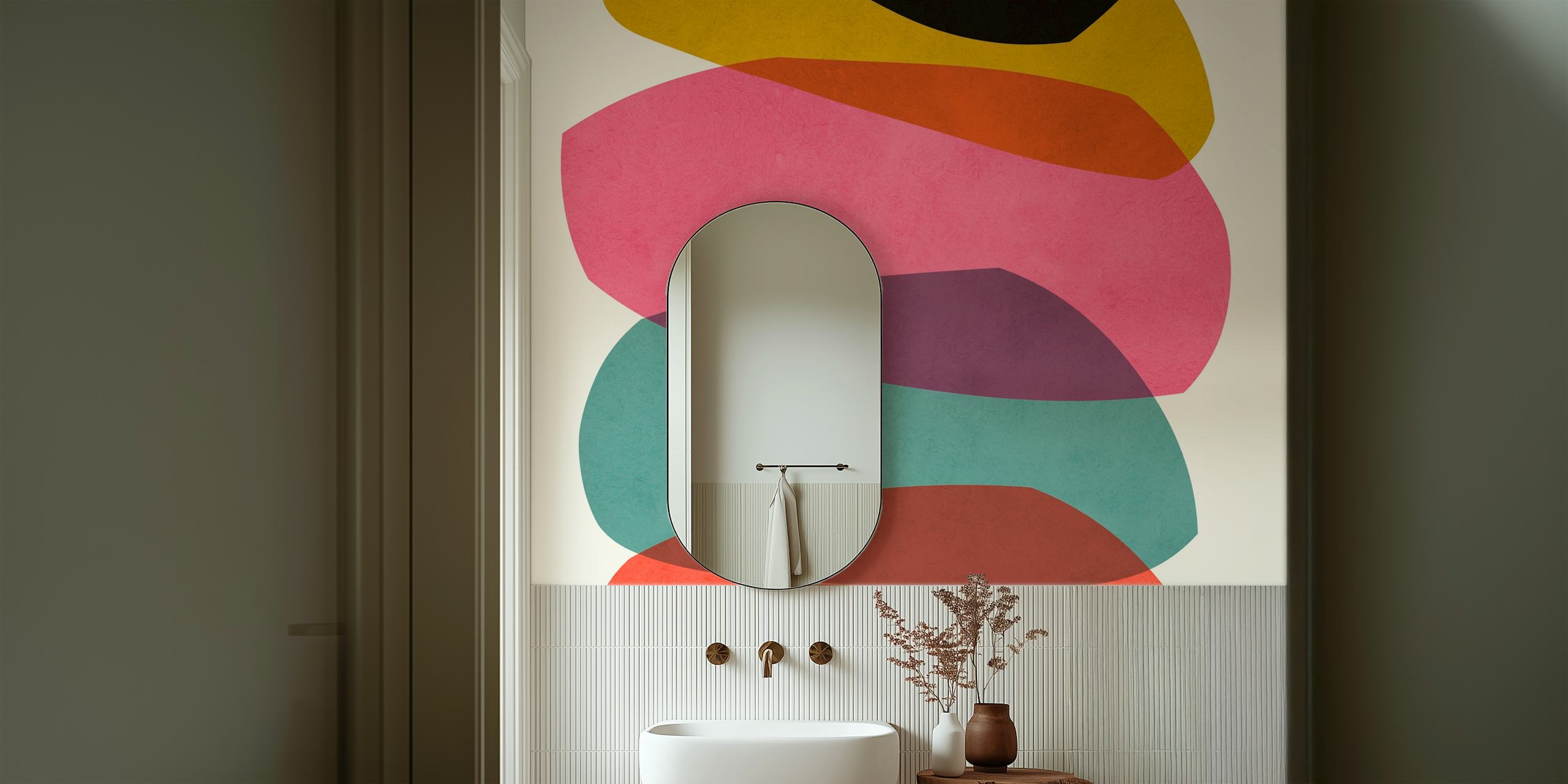 Colorful abstract shapes in layered design on cream background wallpaper