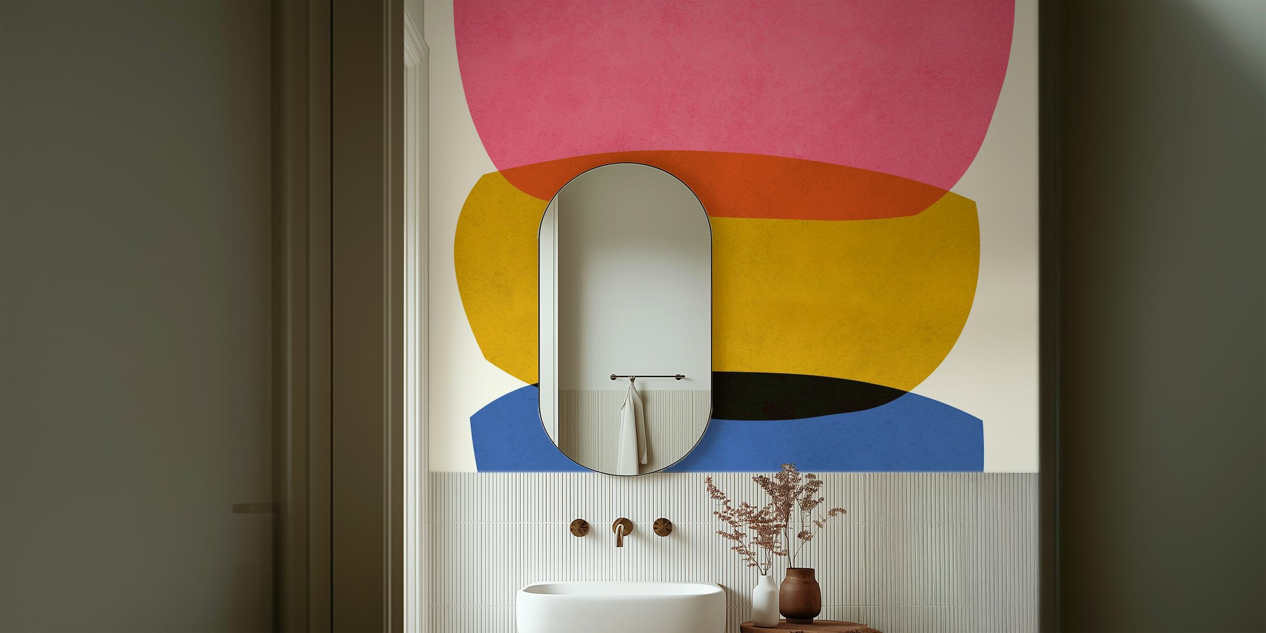 Colorful abstract shapes in pink, orange, yellow, and blue wallpaper