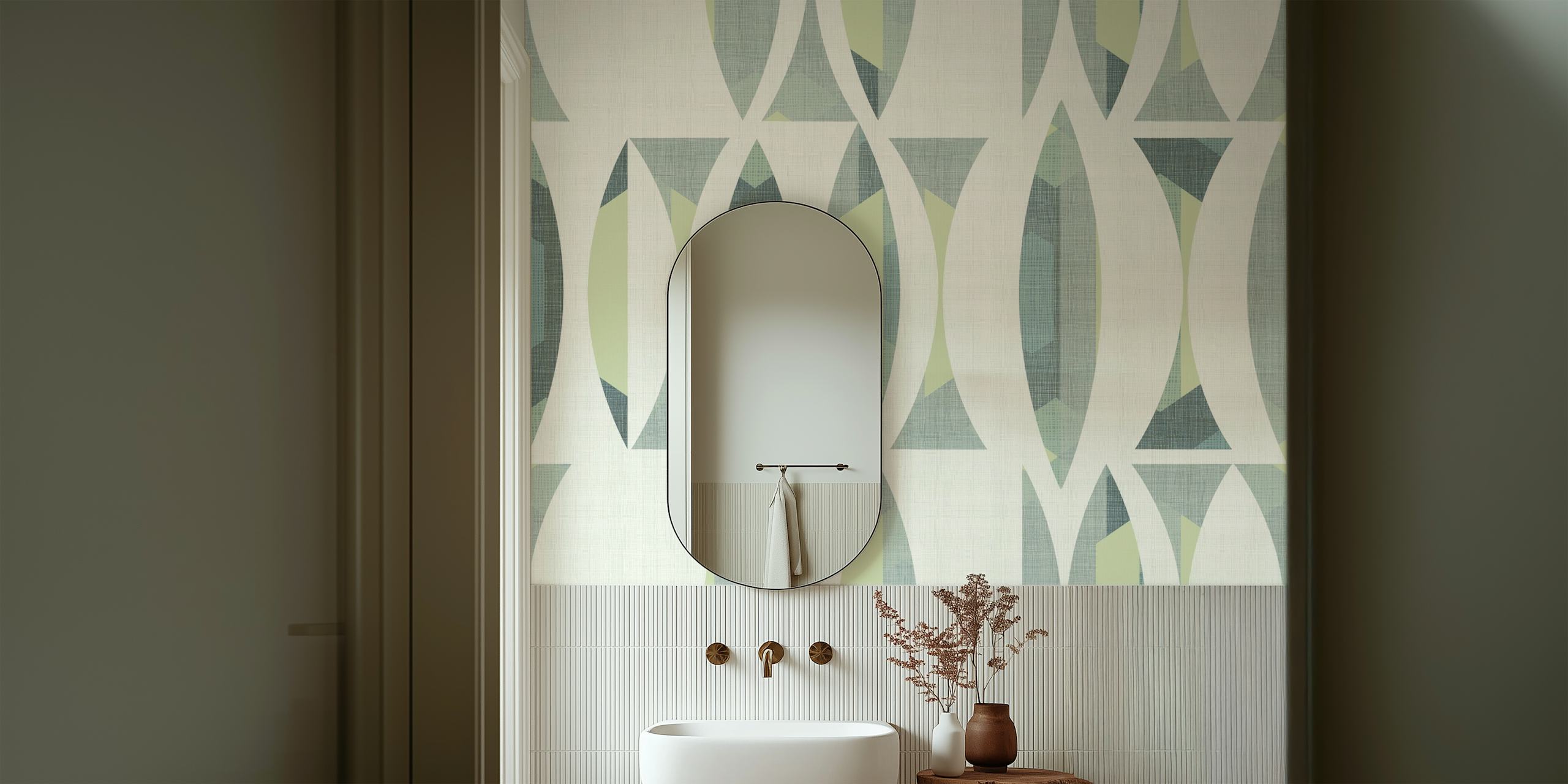 Geometric pattern in muted greens and blues on white wallpaper
