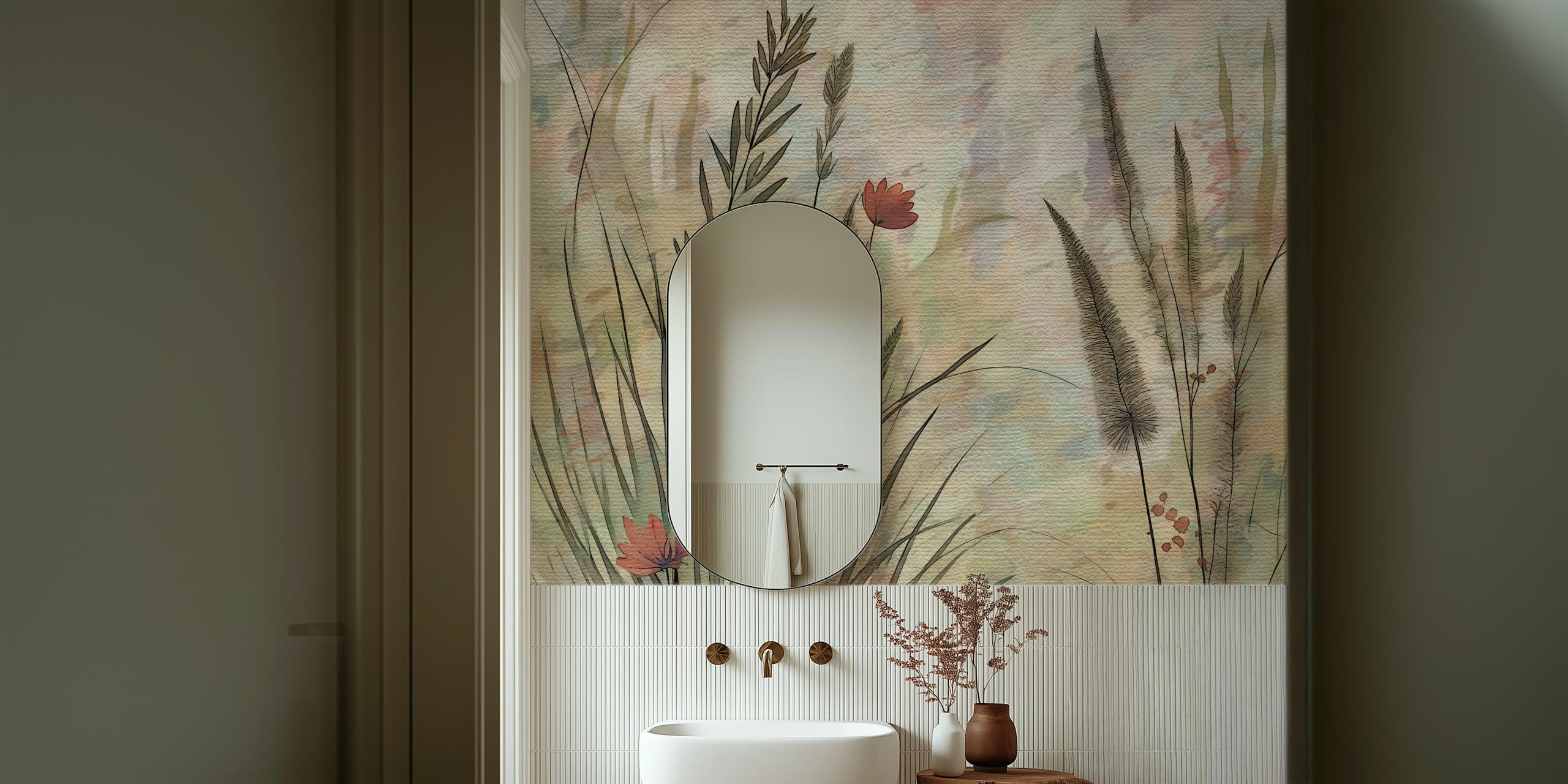 Rustic Floral Meadow Art με απαλά βοτανικά στοιχεία σε υφή φόντου