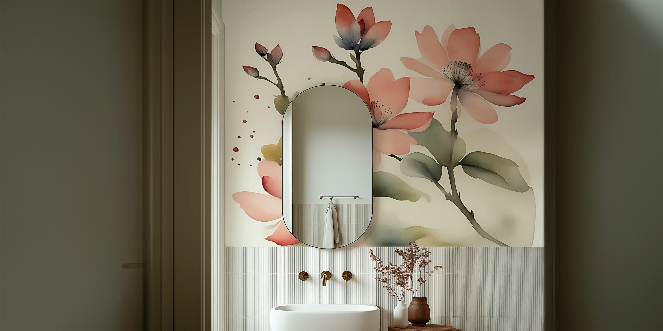 Pink Wabi Sabi floral wallpaper with blush petals and leaves
