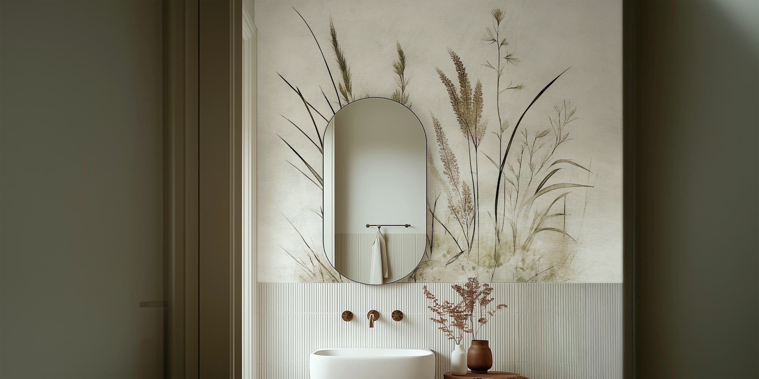 Fotomural de pared de hojas en suaves y delicados tonos neutros en estilo japonés
