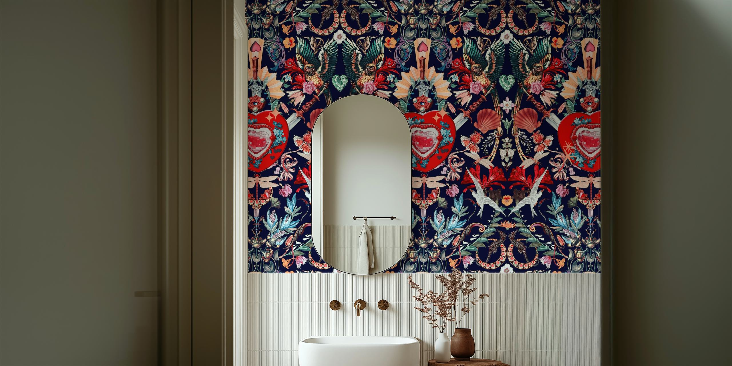 Floral heart pattern in vibrant colors on navy background wallpaper