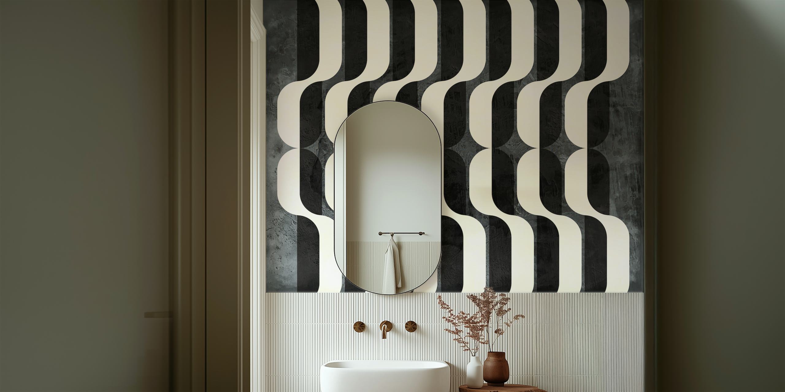 Raidallinen Mid Century Art -seinämaalaus, jossa on optinen illuusio betonitekstuurilla