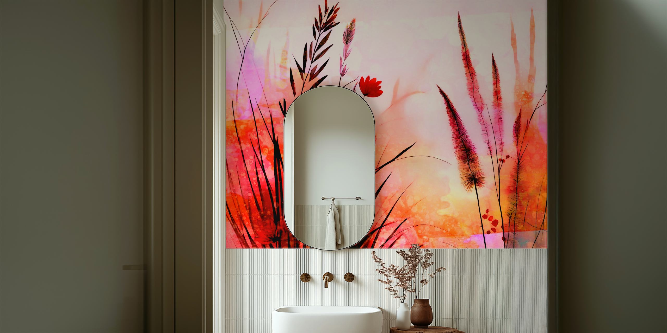 Colorful floral design with pink, red, and orange tones wallpaper