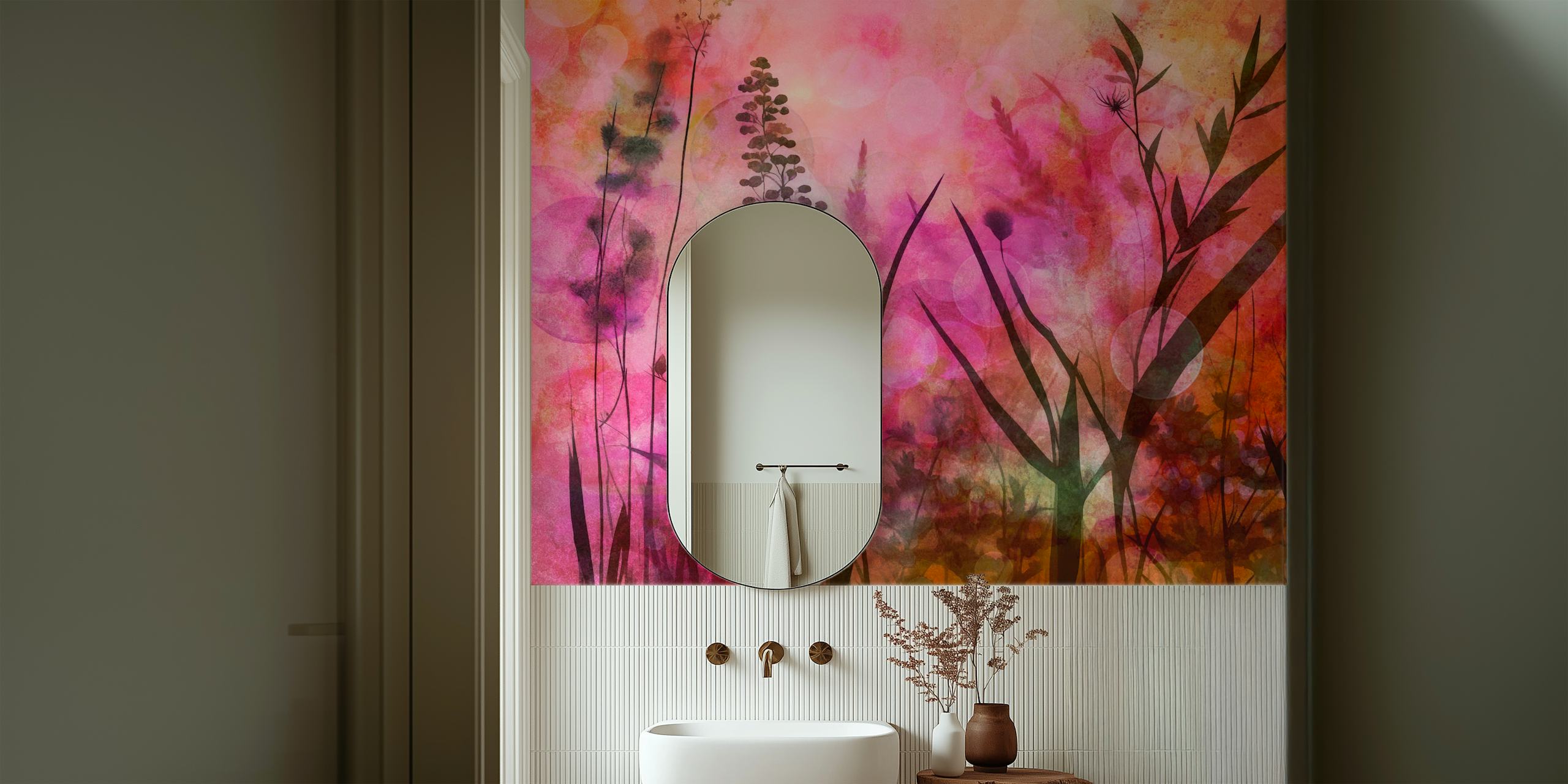 Abstract floral design with pink, peach, and green tones wallpaper