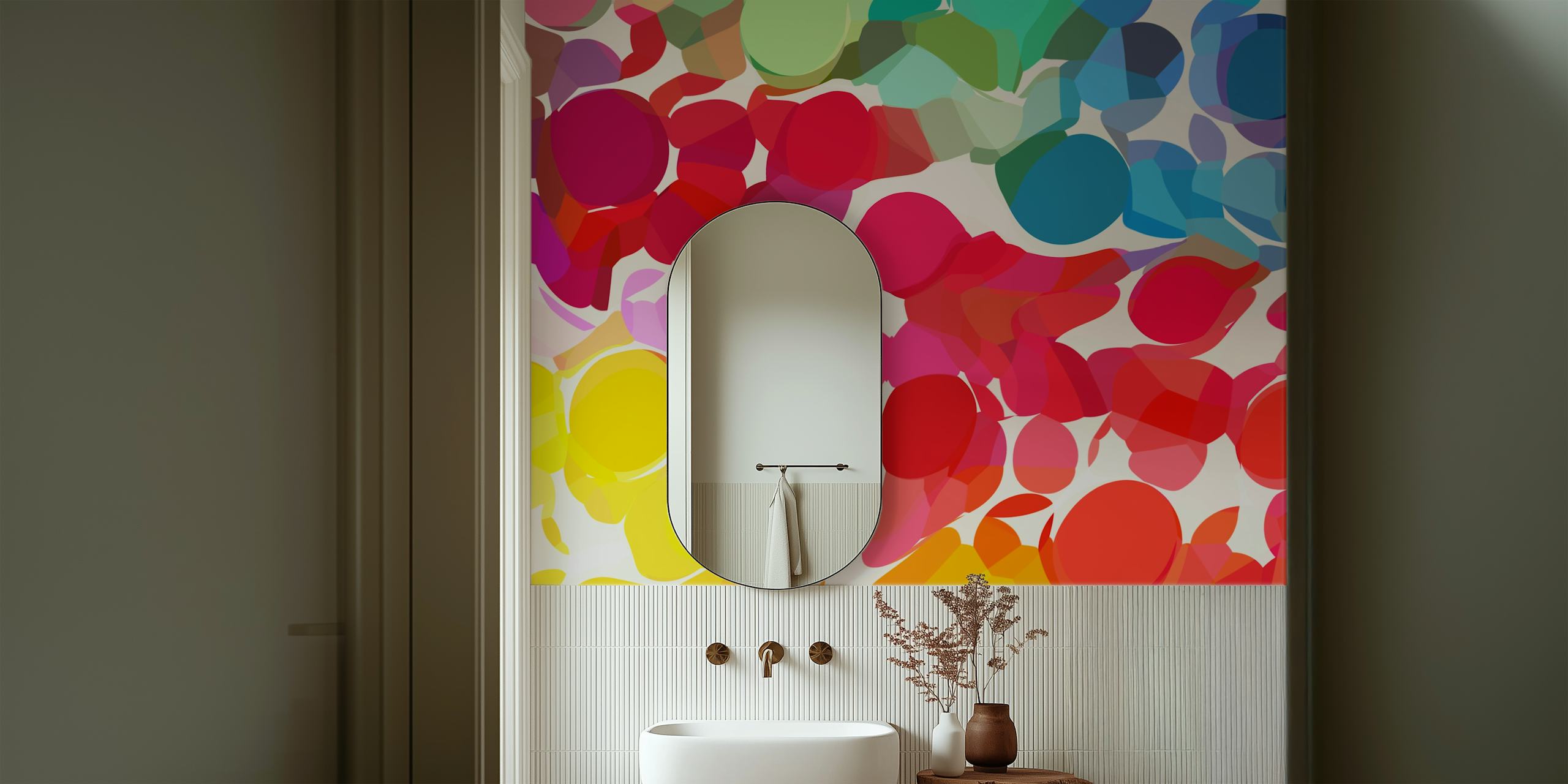 Colorful abstract circular shapes in red, yellow, blue, and green wallpaper