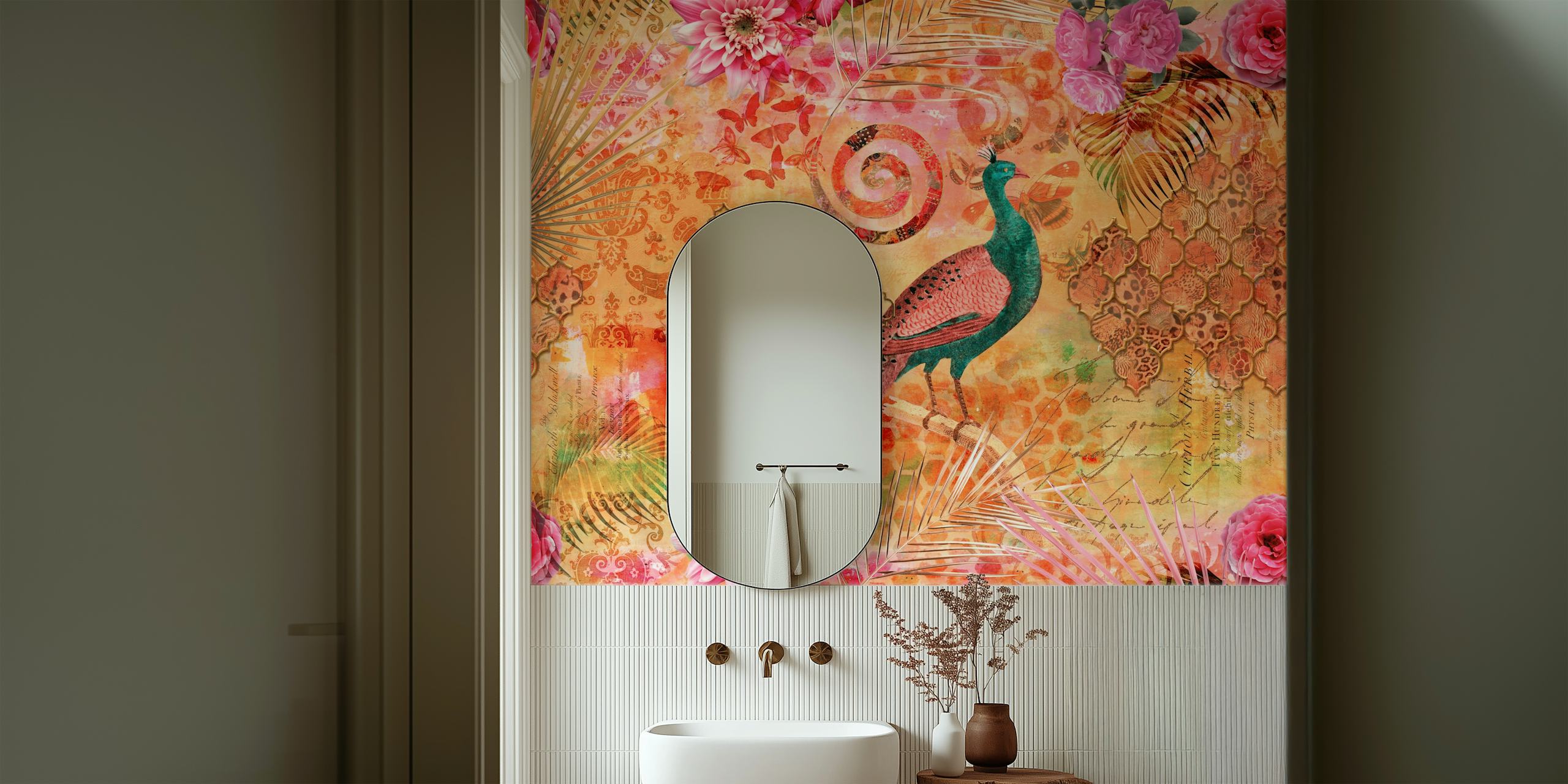 Colorful peacock and floral patterns in pink and orange wallpaper
