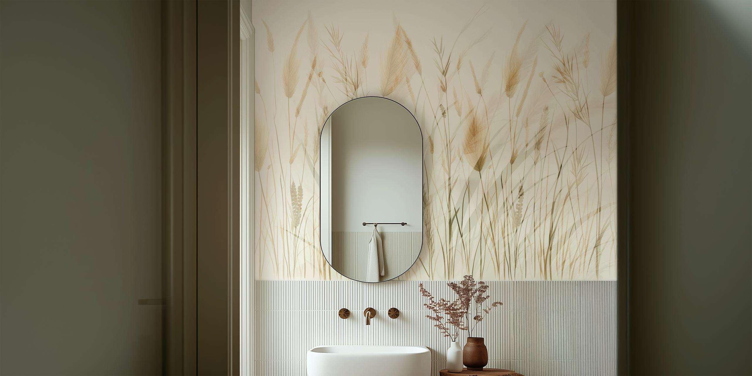 Delicate neutral botanicals wallpaper in a room