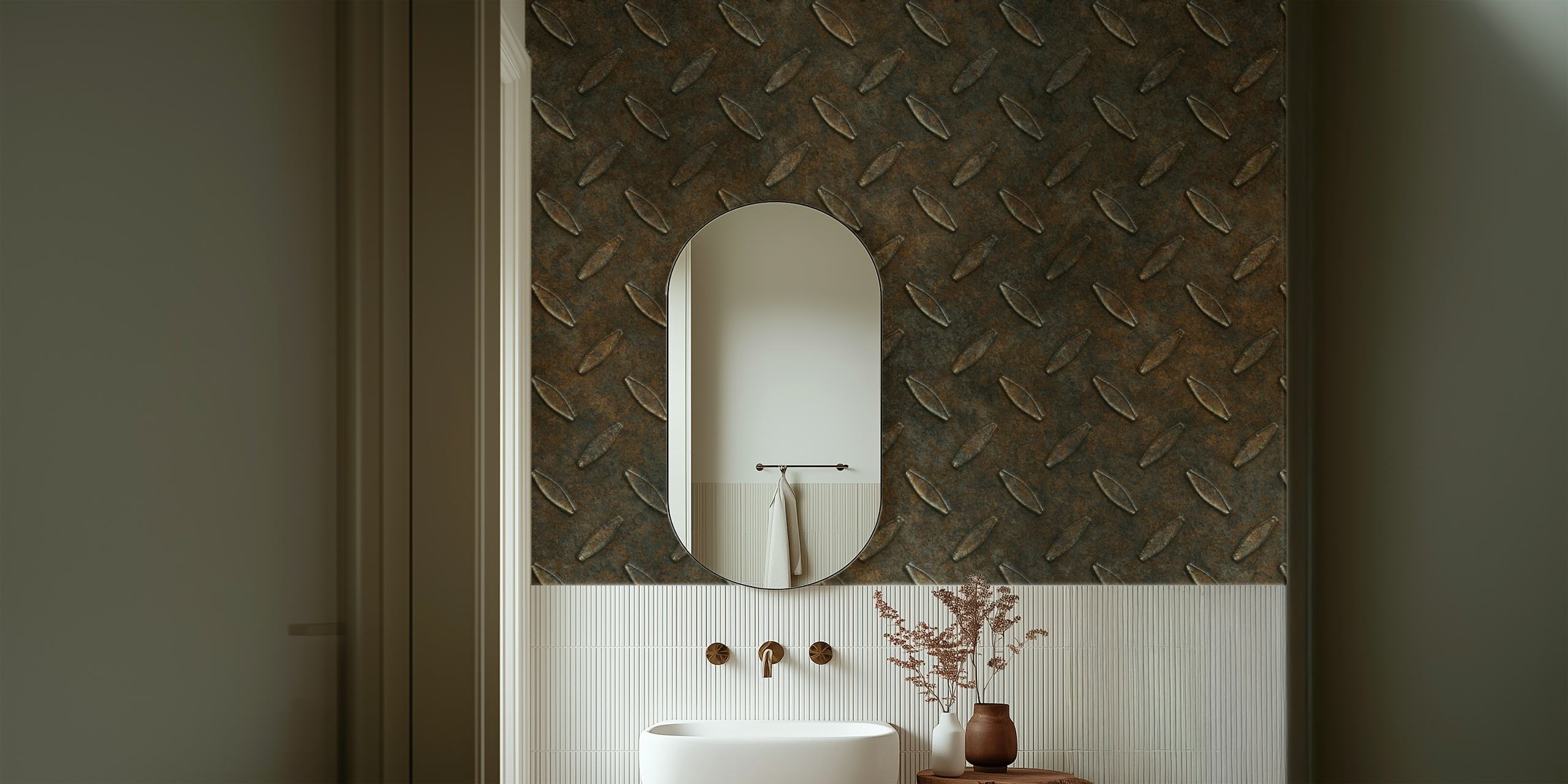 Rusty diamond plate texture in brown and gray wallpaper