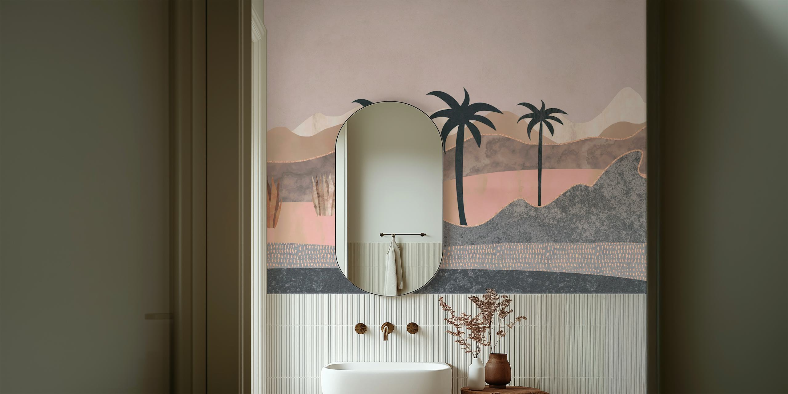 Palm trees and mountains in soft colors on wallpaper