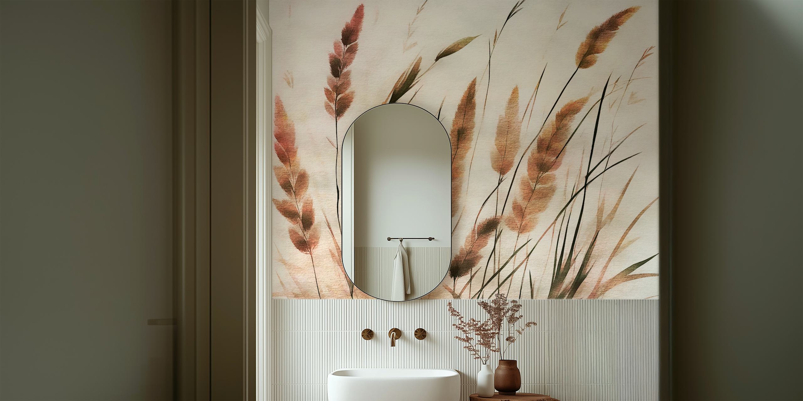 Watercolor pampas grass in soft earthy tones wallpaper