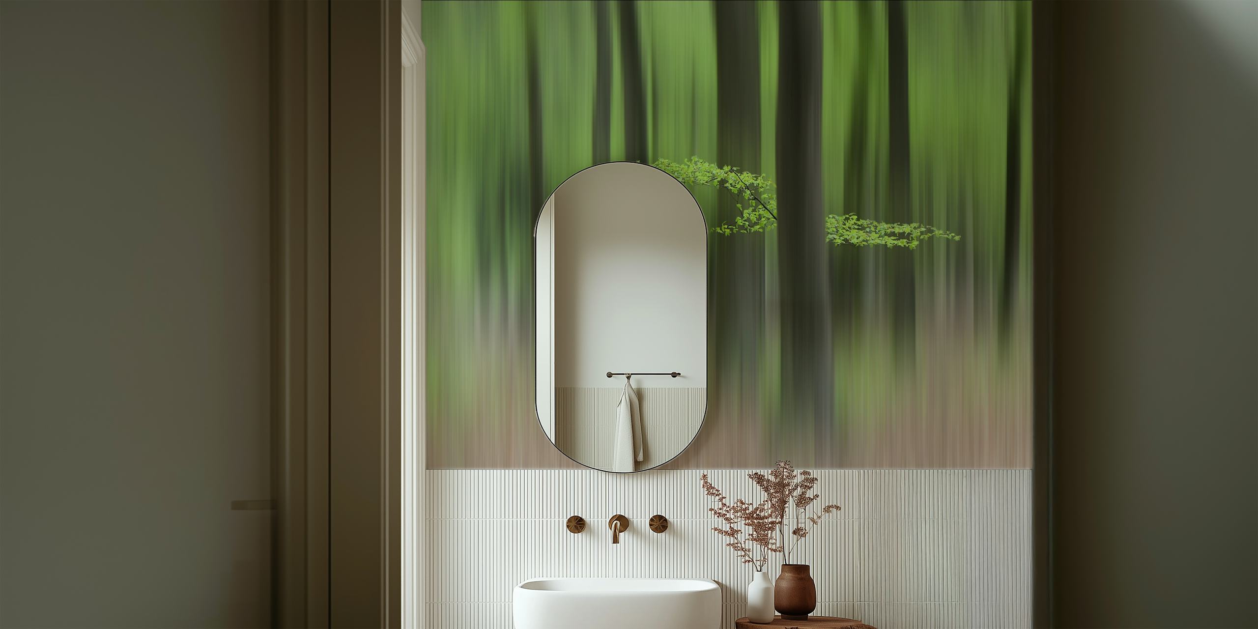 Blurry green forest background with trees and leaves wallpaper