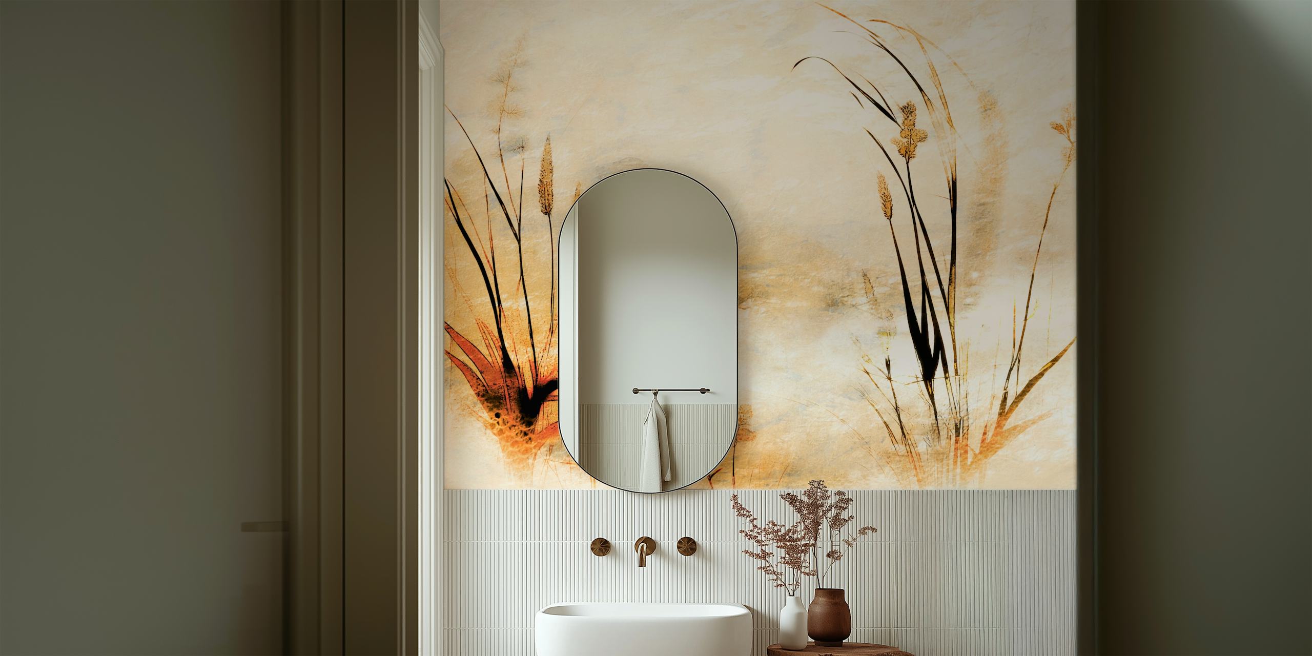 Wall mural of a meadow with tall grass in golden sunrise hues