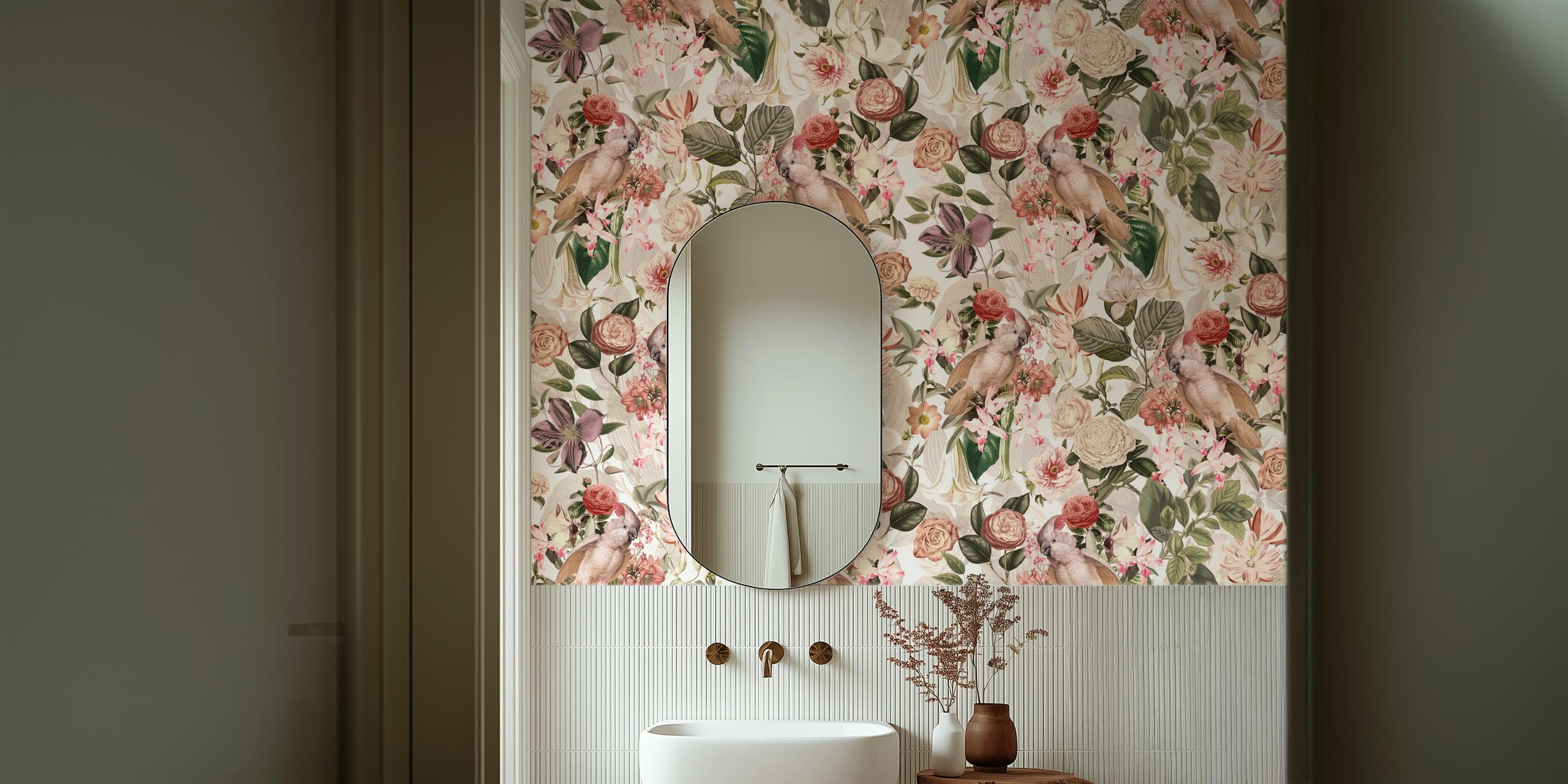 Tropical floral pattern with cockatoos in soft colors wallpaper