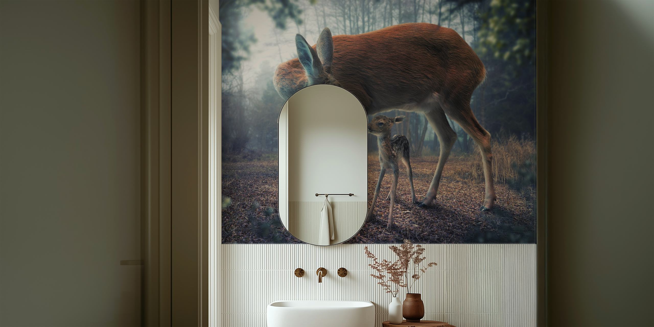 Mother and fawn wallpaper in a room