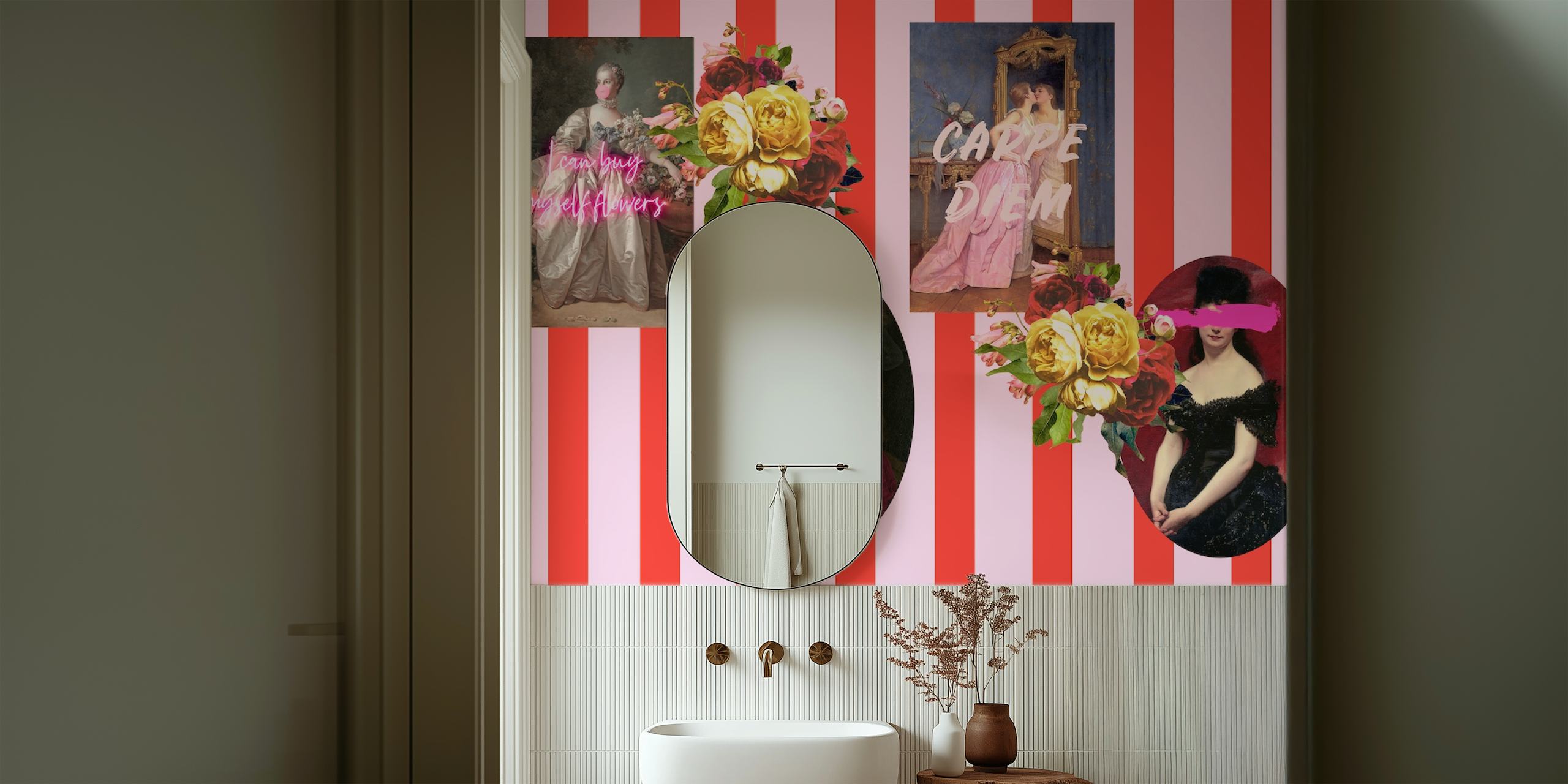 Rayures roses avec fleurs et portraits vintage sur papier peint