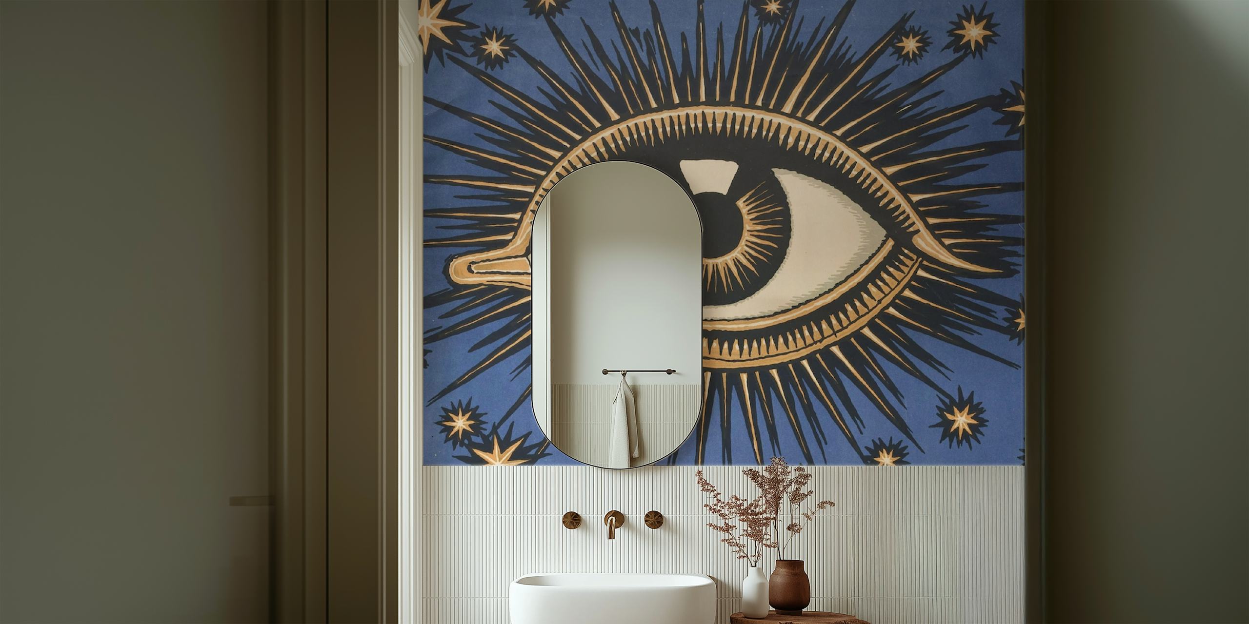 Celestial eye design with golden rays on blue background wallpaper