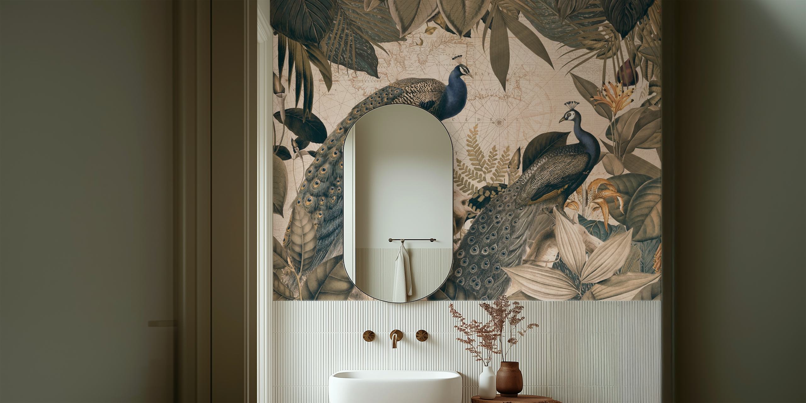 Vintage peacock design with tropical foliage in blue beige wallpaper