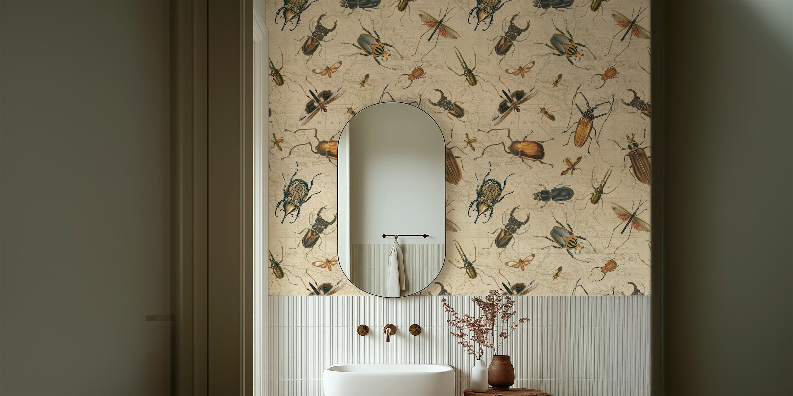 Vintage beetles wallpaper displayed in a room