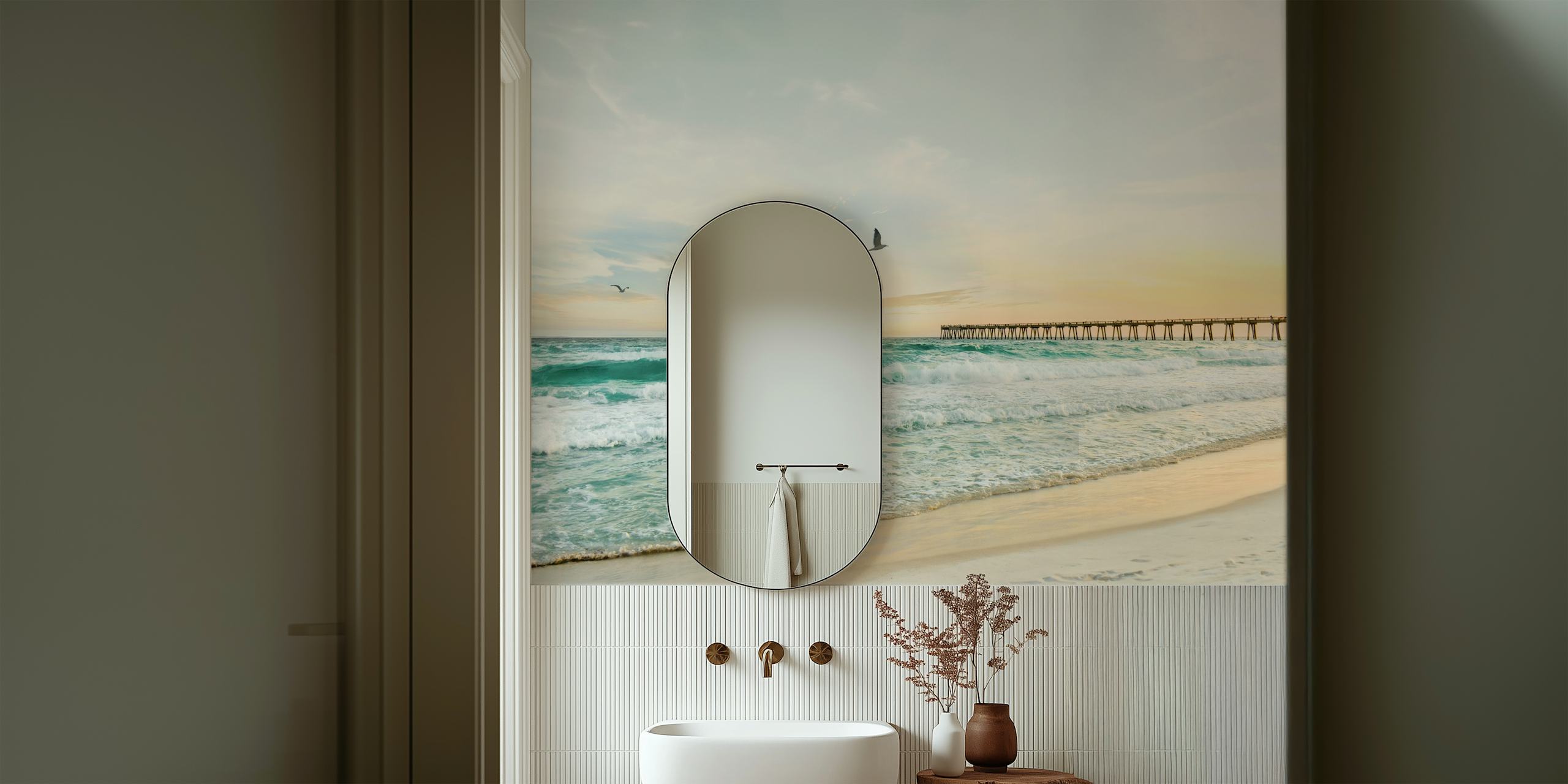 Sunset Pier wall mural with golden hues, calm ocean, and a stretching pier