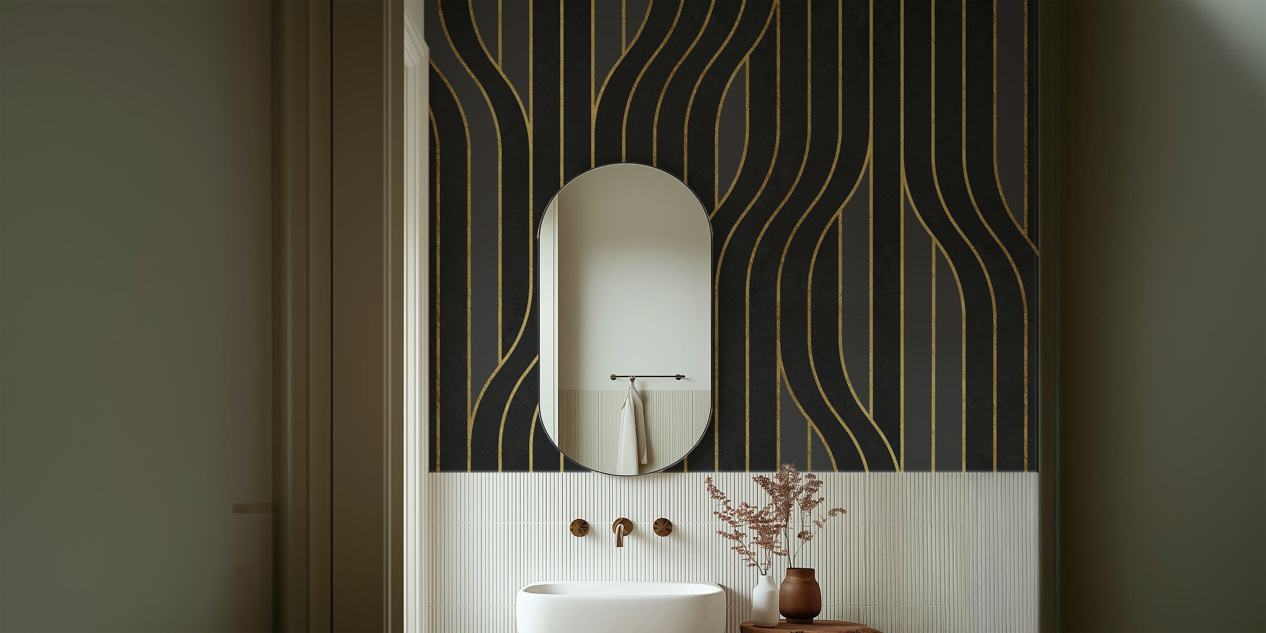 Abstract line art charcoal wallpaper in a room