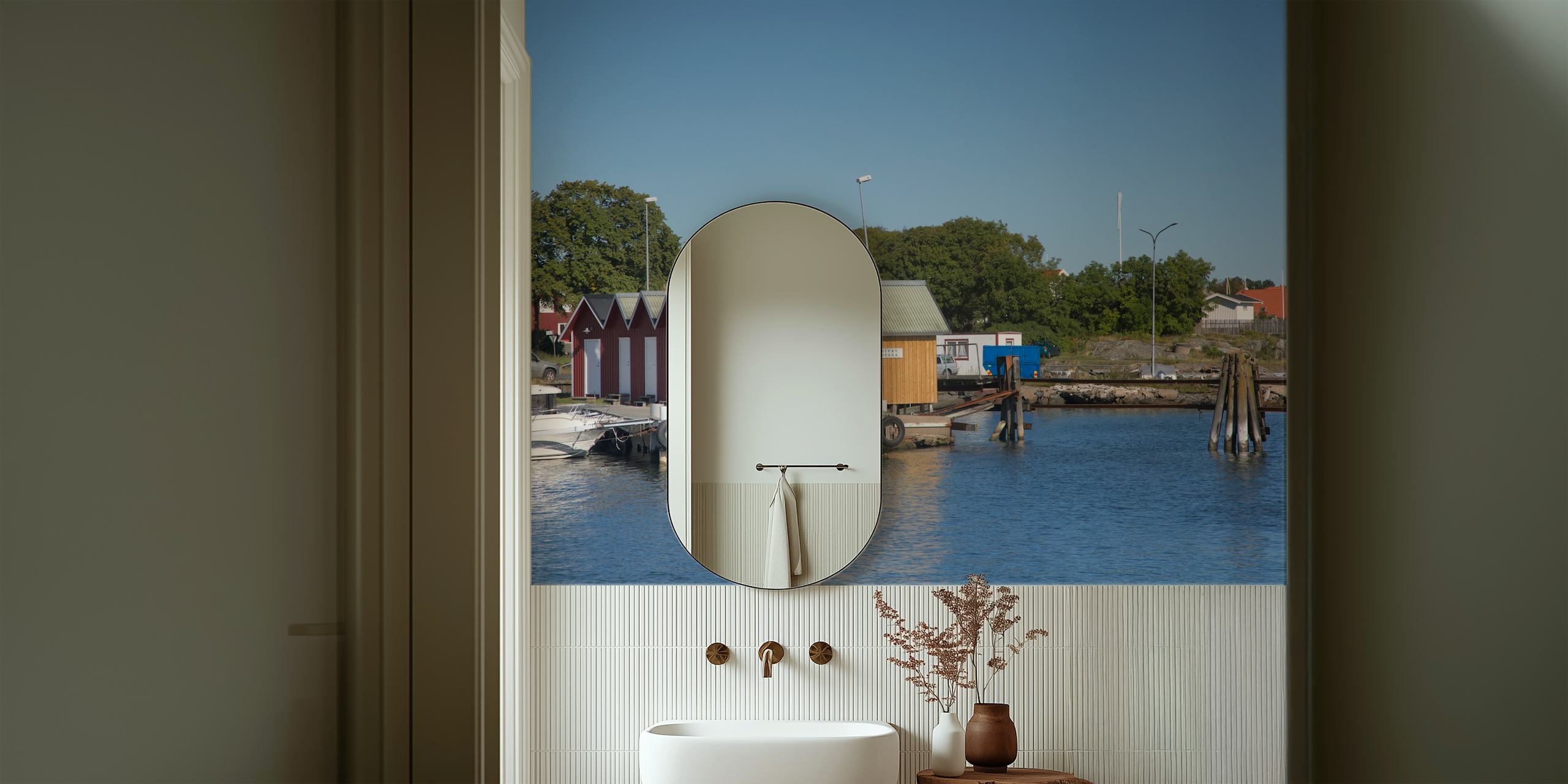Scandinavian coastal scene with boat huts along the water in Sweden wall mural