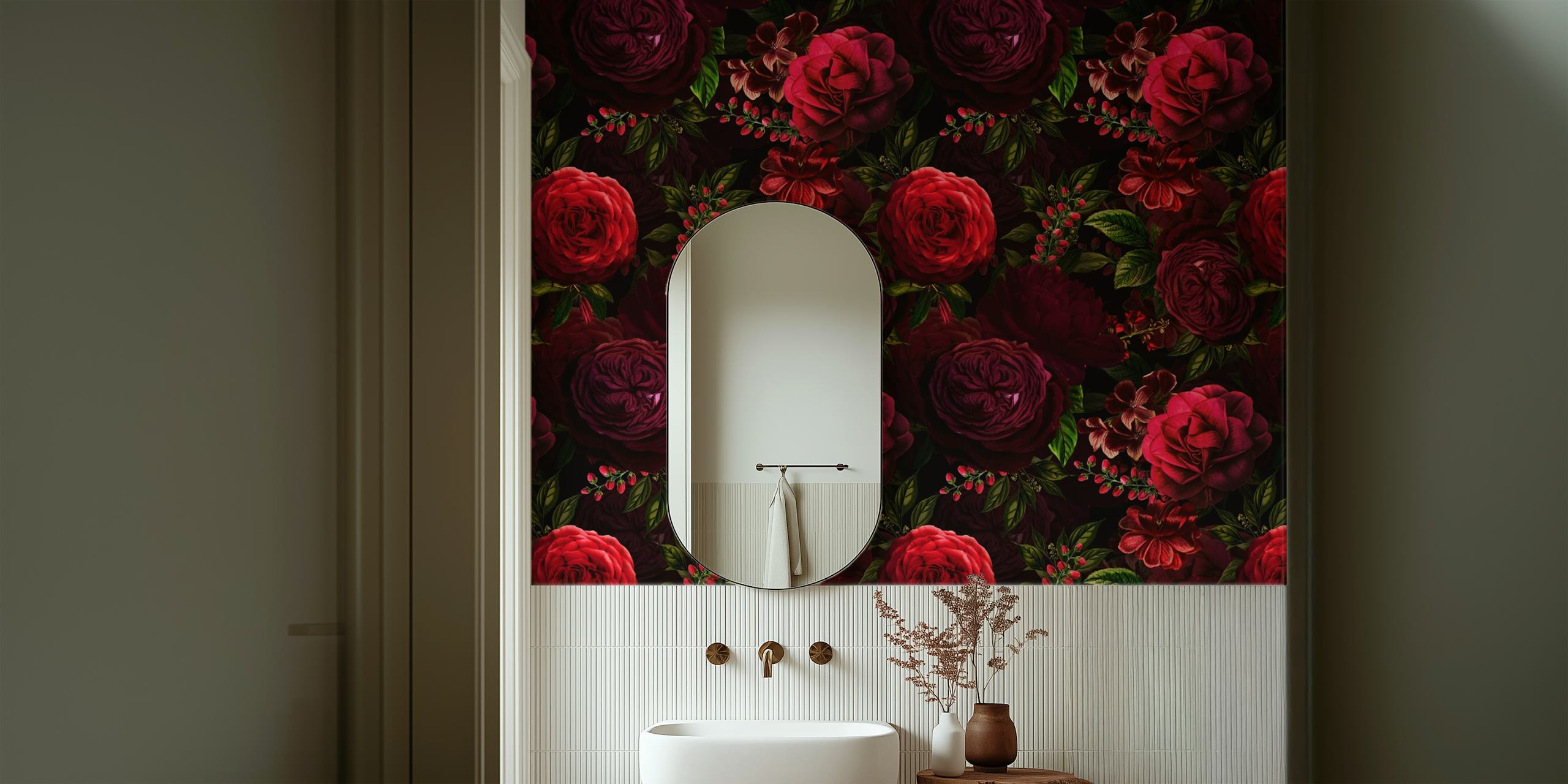 Dark red roses with green leaves floral wallpaper