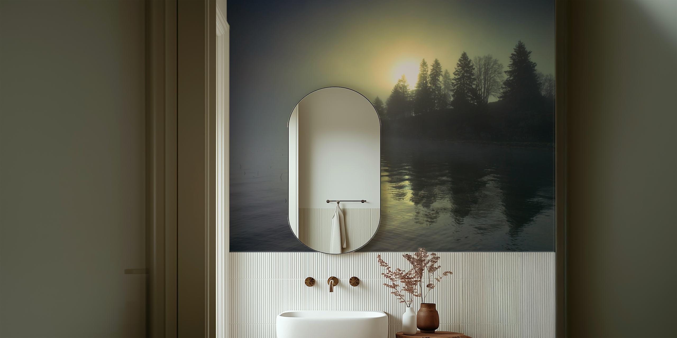 Zidna slika koja prikazuje maglovitu zoru uz jezero s drvećem