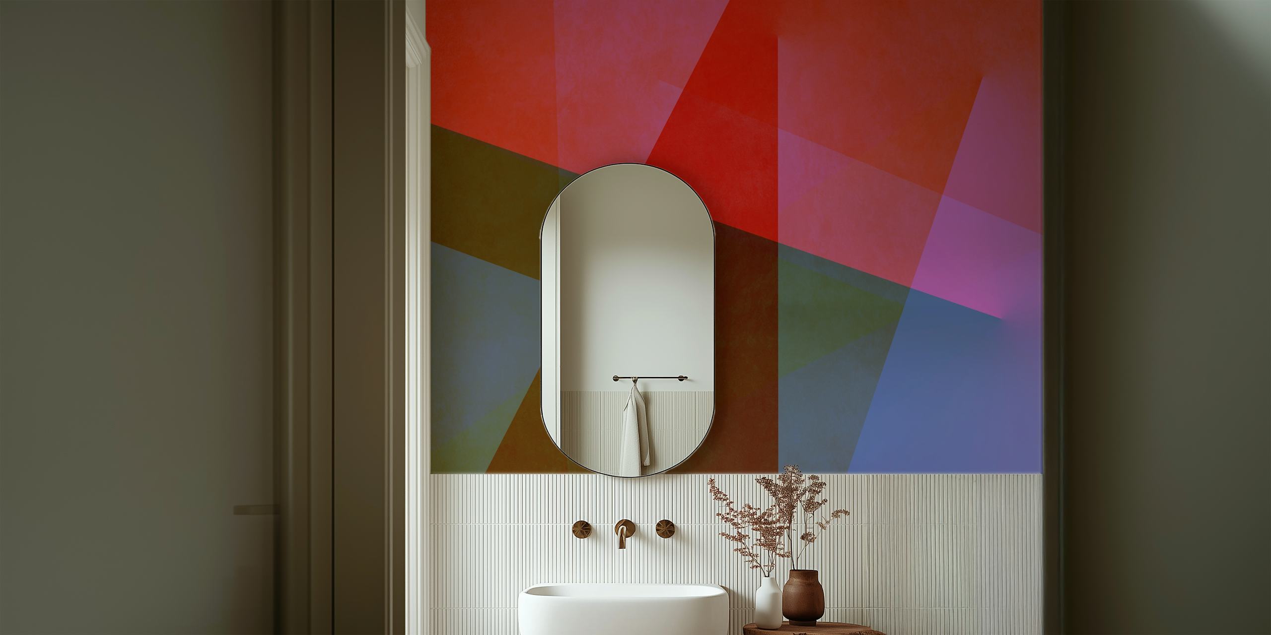 Geometric Concept 47 zidna slika koja prikazuje isprepletene oblike u crvenim, narančastim i maslinastim tonovima
