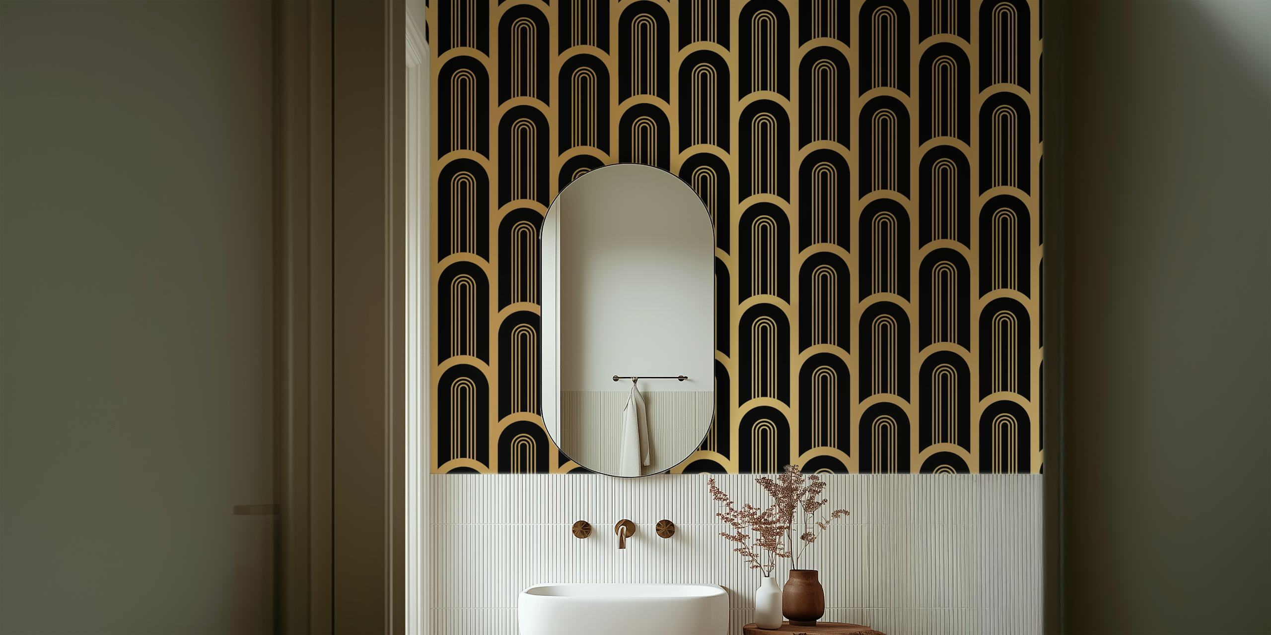 Art Deco Luxus Schwarz-Gold-Säulen Wandtapete