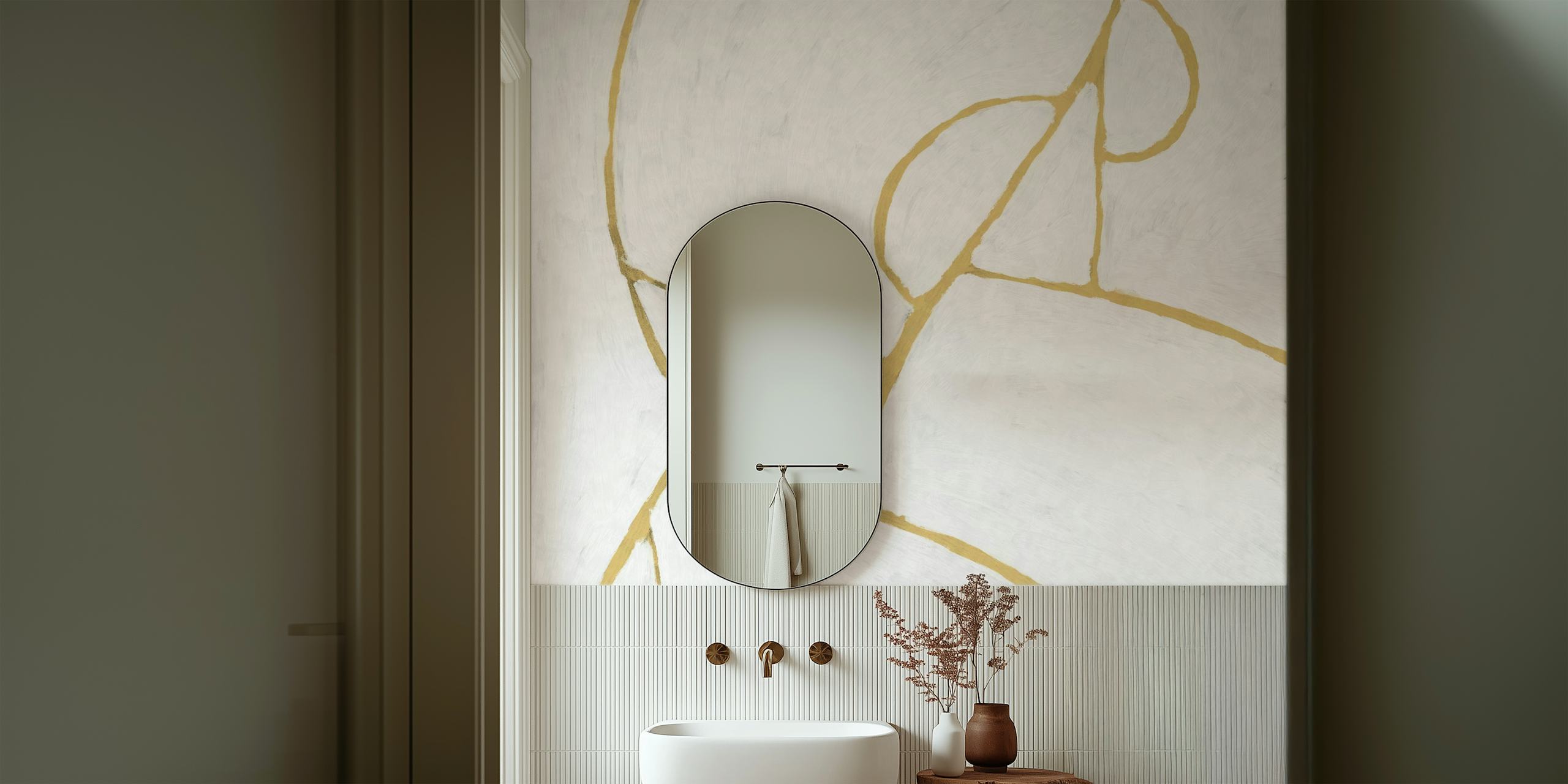 Minimalist geometric wall mural with gold lines on a white background
