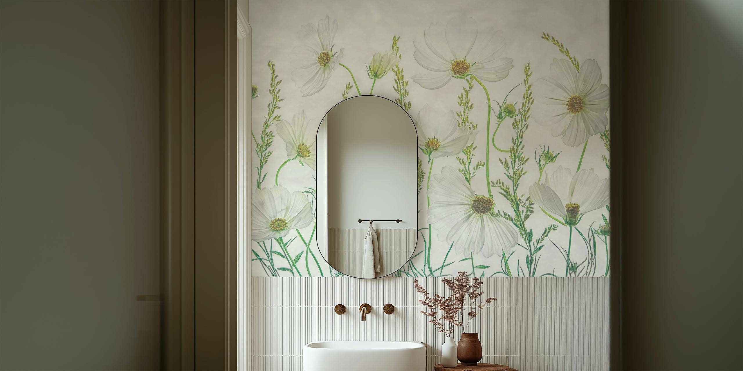Cosmos Garden wall mural with delicate white cosmos flowers on a textured background