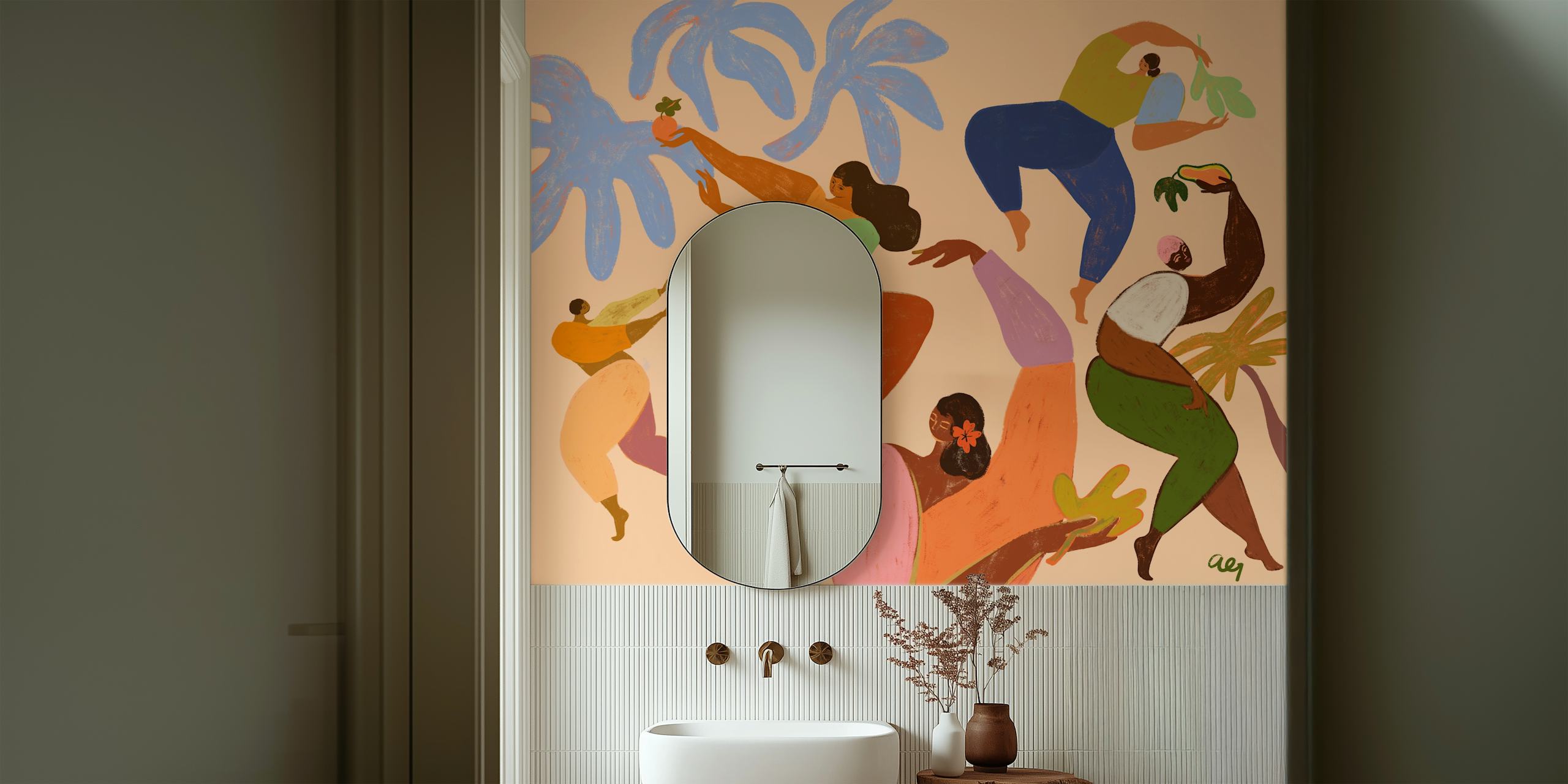 Colorful dancers and palm leaves illustration wallpaper