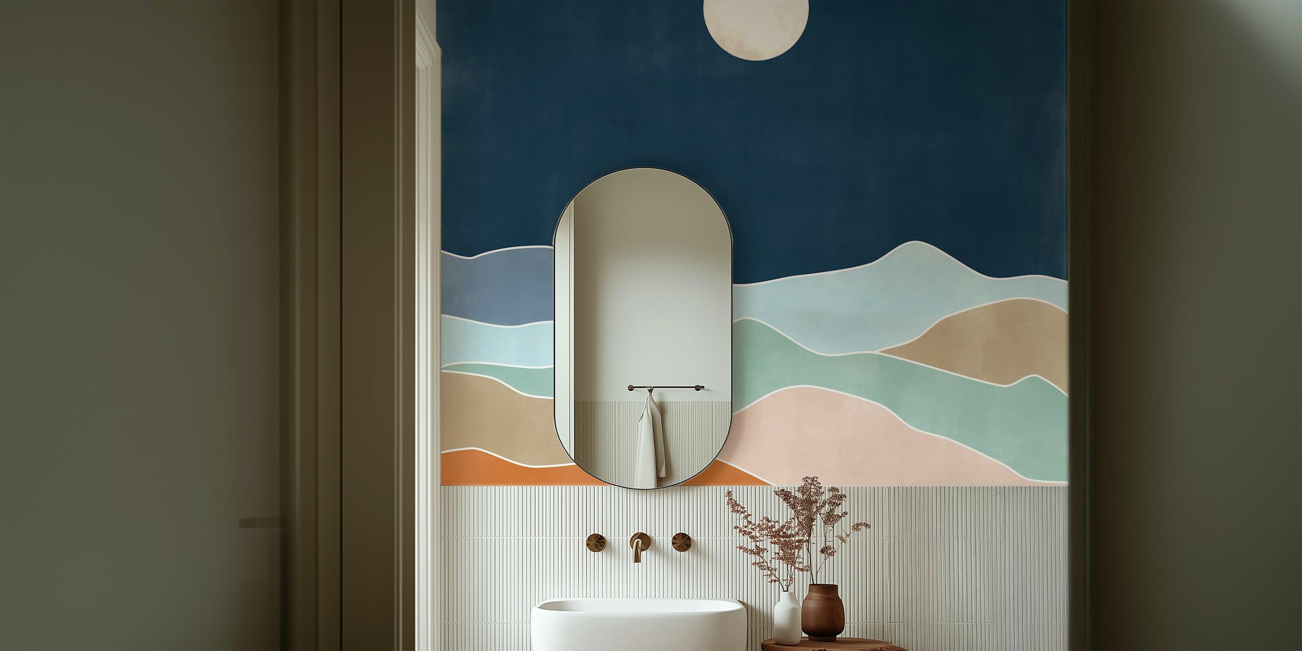 Abstract layered hills under moonlit sky wall mural