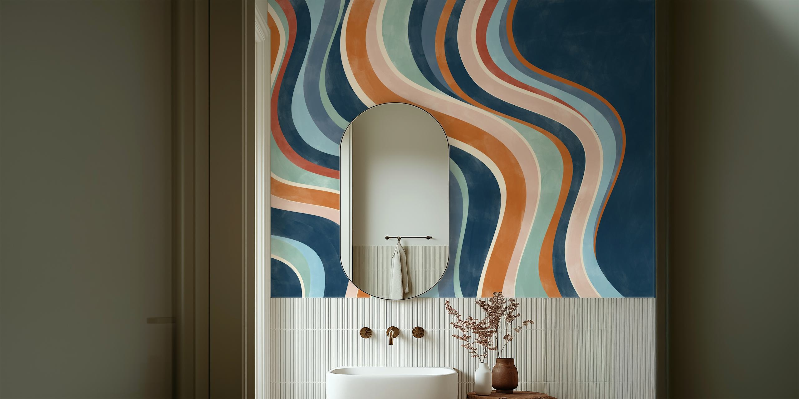 Abstract curving lines in shades of blue, orange, and rust on a dark background wall mural