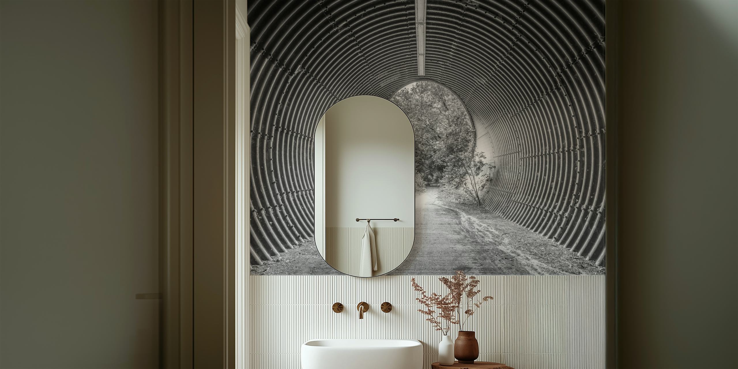 Black and white tunnel wallpaper with metallic lines