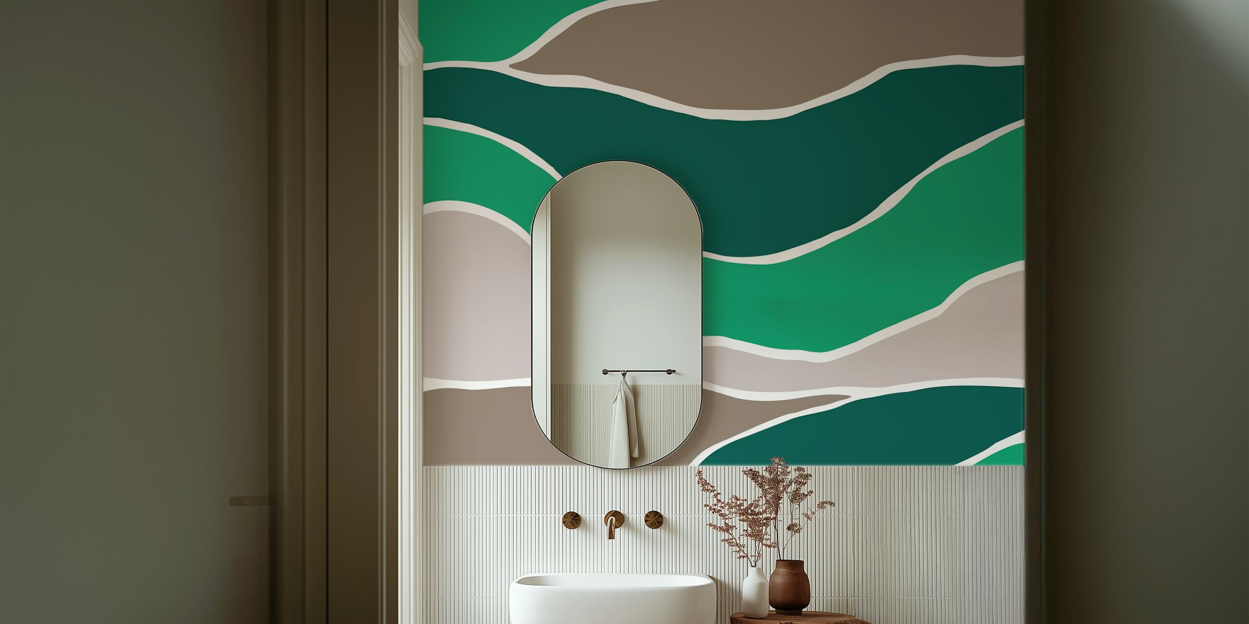 Abstract wave pattern in moss green and mocha tones wallpaper