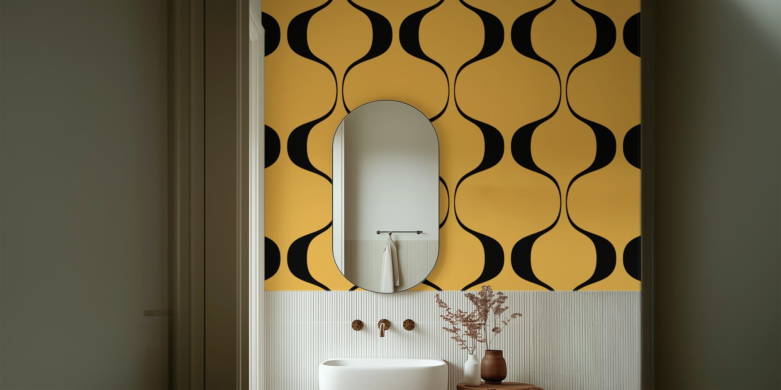 Mural de parede Retro Glam Geo Abstract Waves com padrões de ondas sinuosas douradas e pretas.