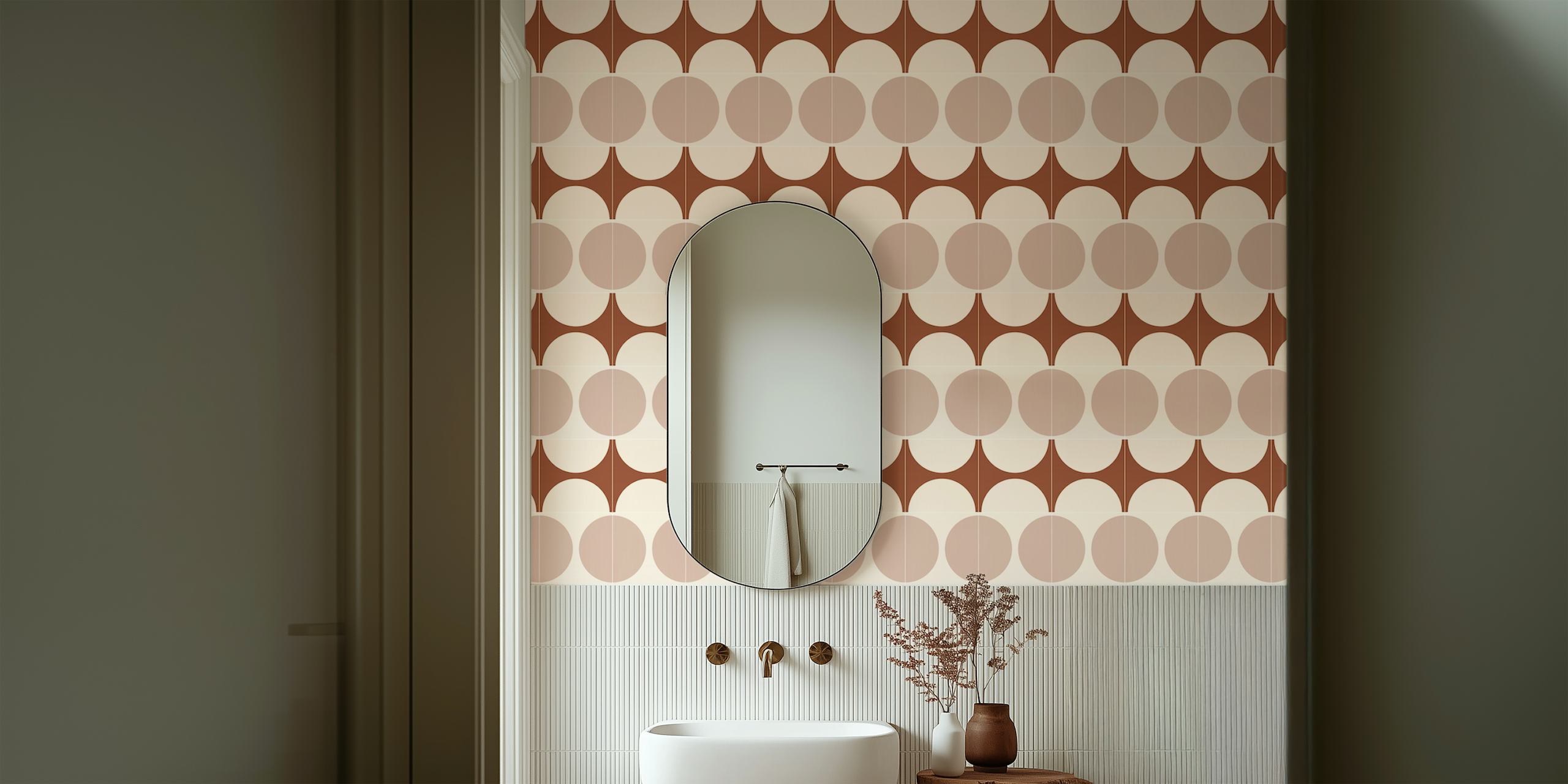Geometric tile pattern in cream and brown wallpaper