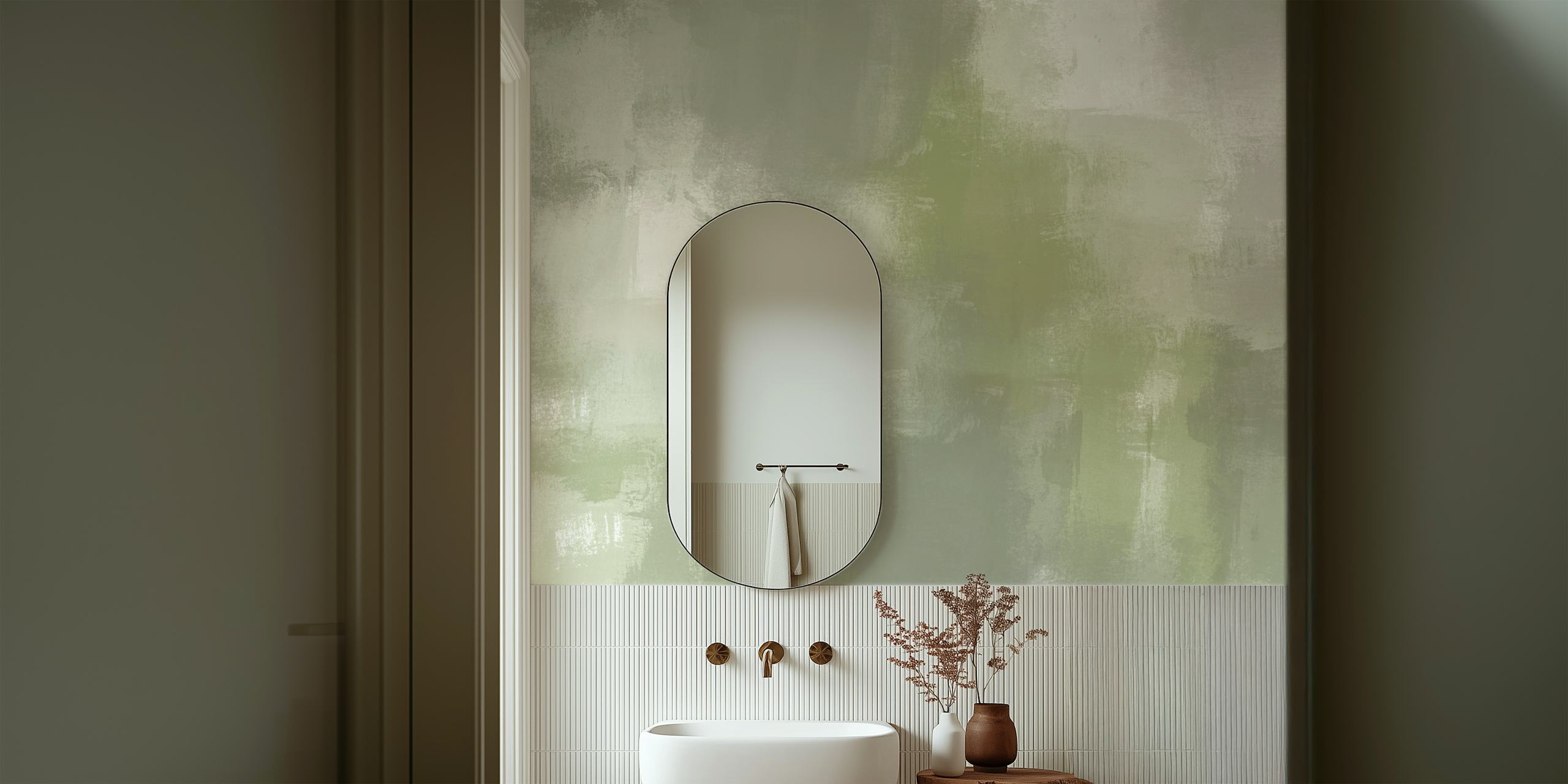 Abstract brush strokes in muted green and white wallpaper