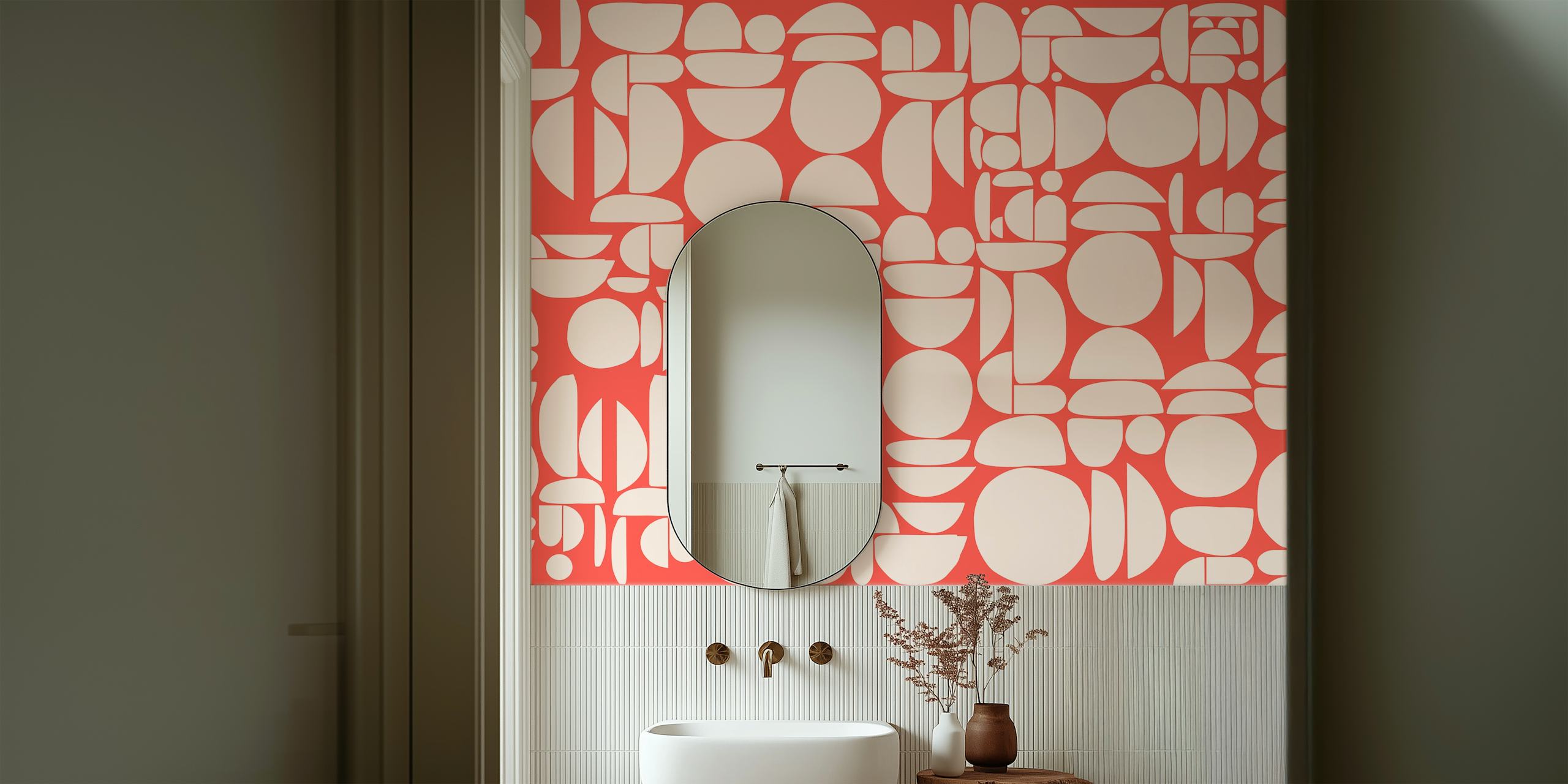 Geometric patterns in beige and red colors wallpaper