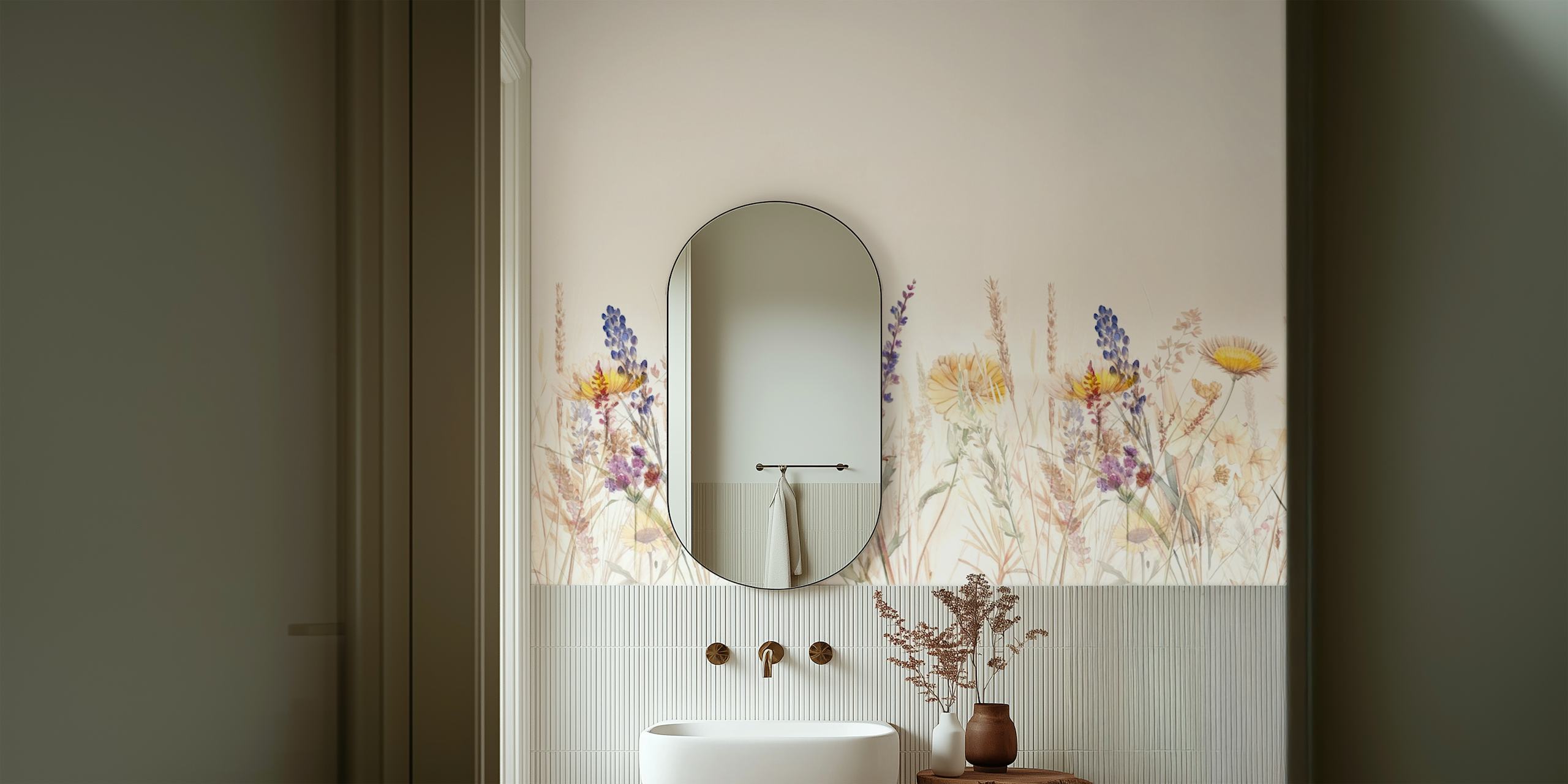 A tranquil wildflower meadow wall mural with soft pastel wildflowers on a white background