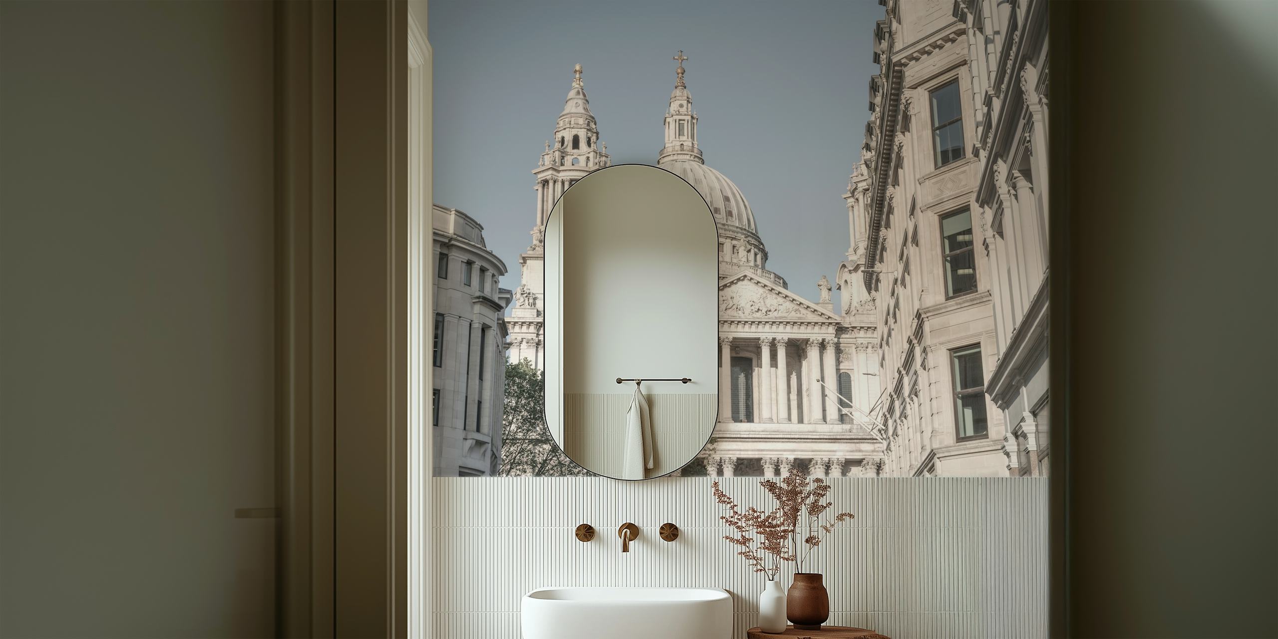 Grey architectural wallpaper featuring London's cathedral with detailed domes and spires.