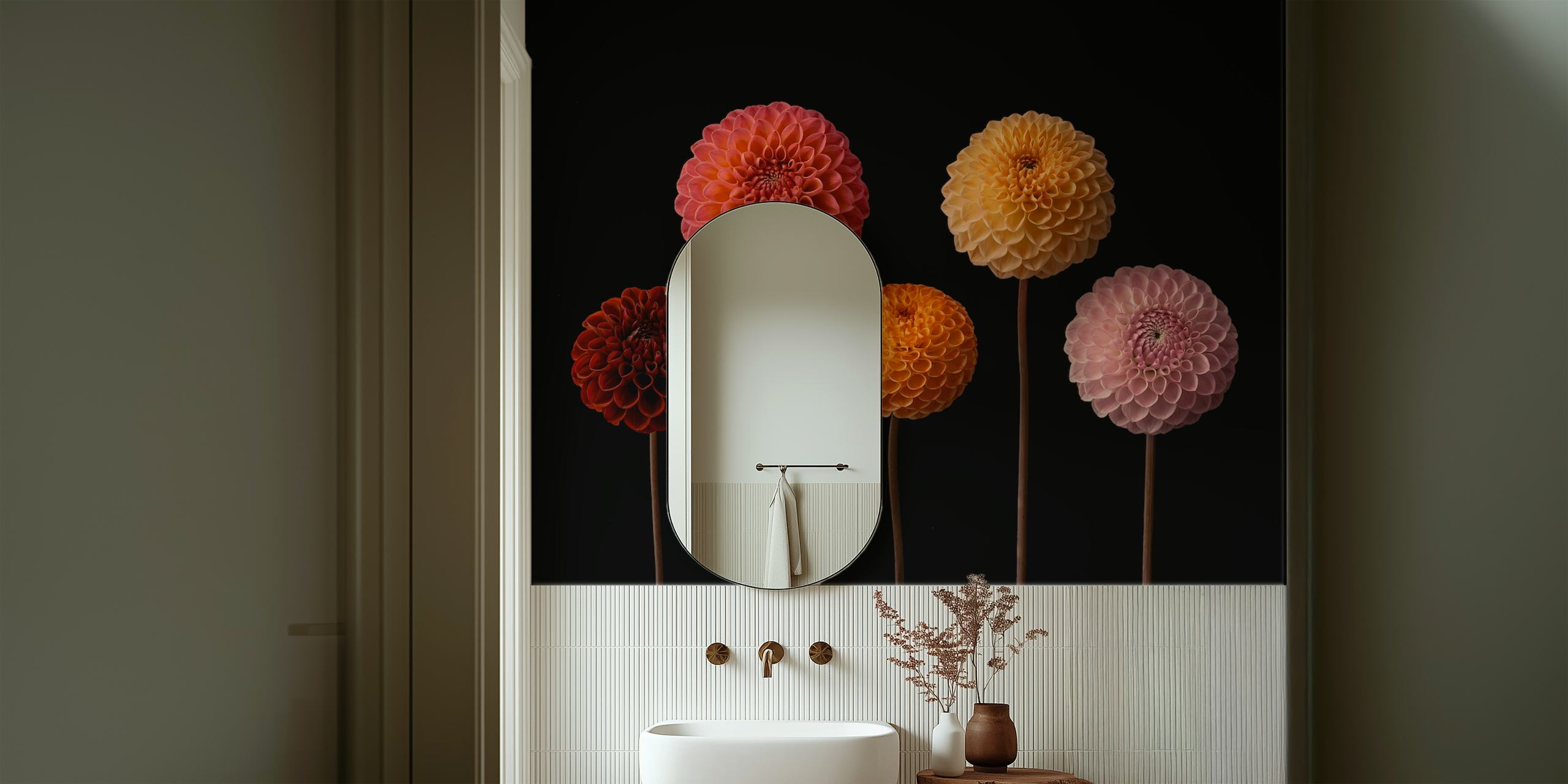 Colorful dahlia flowers in pink, yellow, and orange on black wallpaper