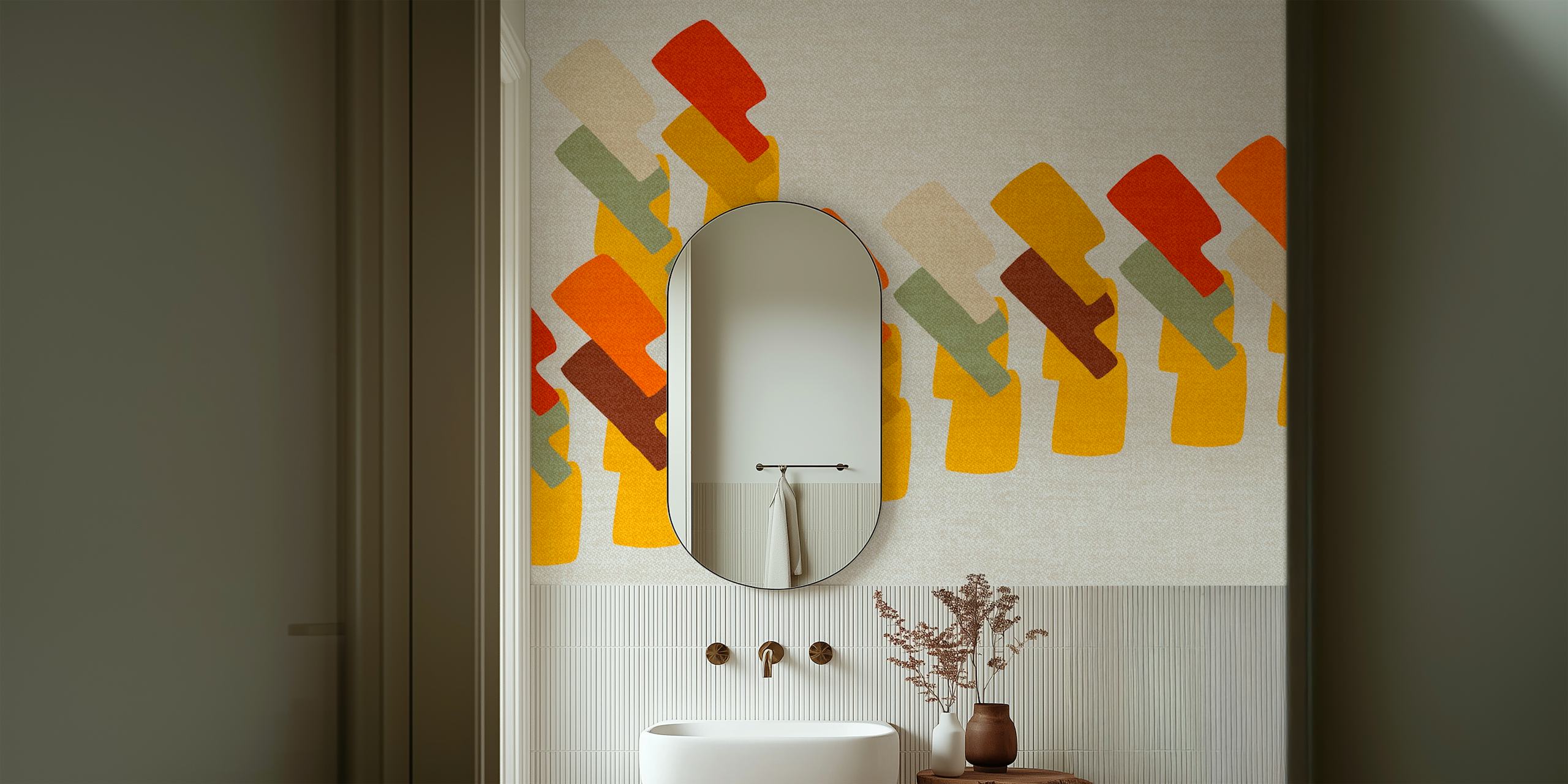 Colorful geometric shapes in red, yellow, green, and brown wallpaper