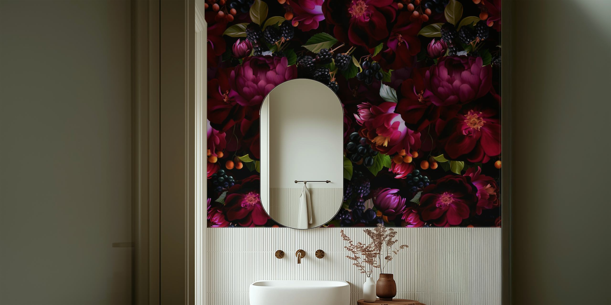 Dark burgundy florals with greenery and black berries wallpaper