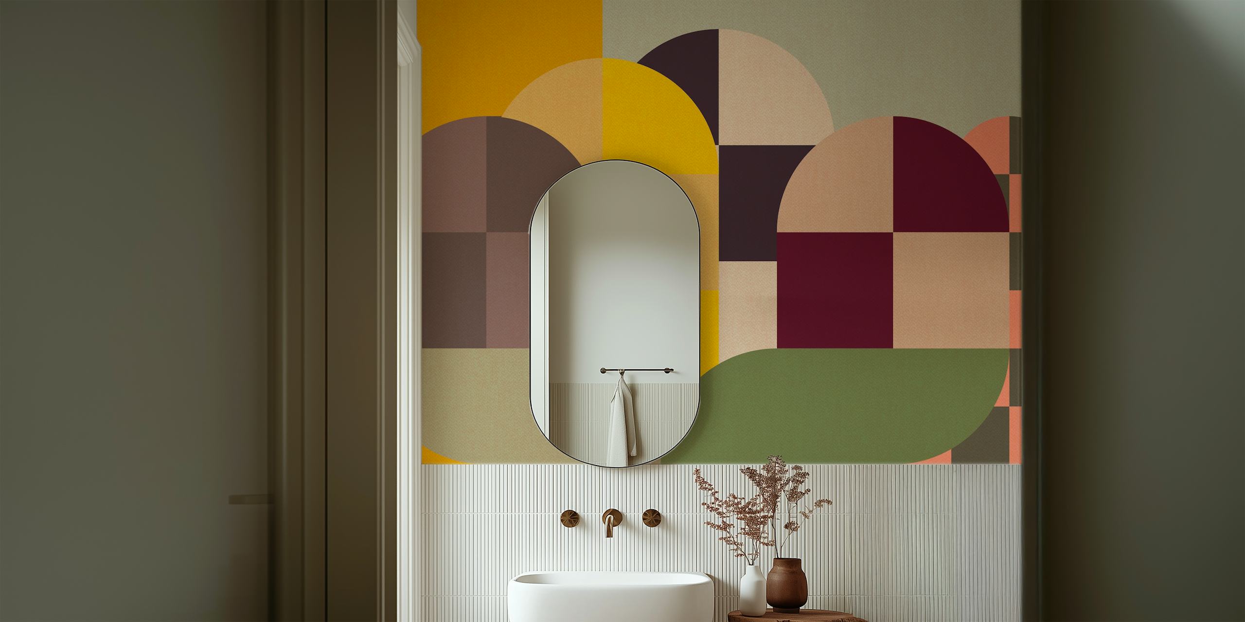 Geometric abstract shapes in yellow, green, and brown wallpaper