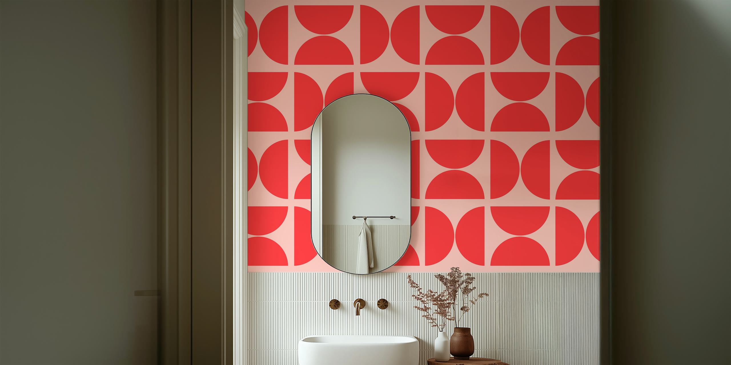 Red geometric patterns on soft pink background wallpaper